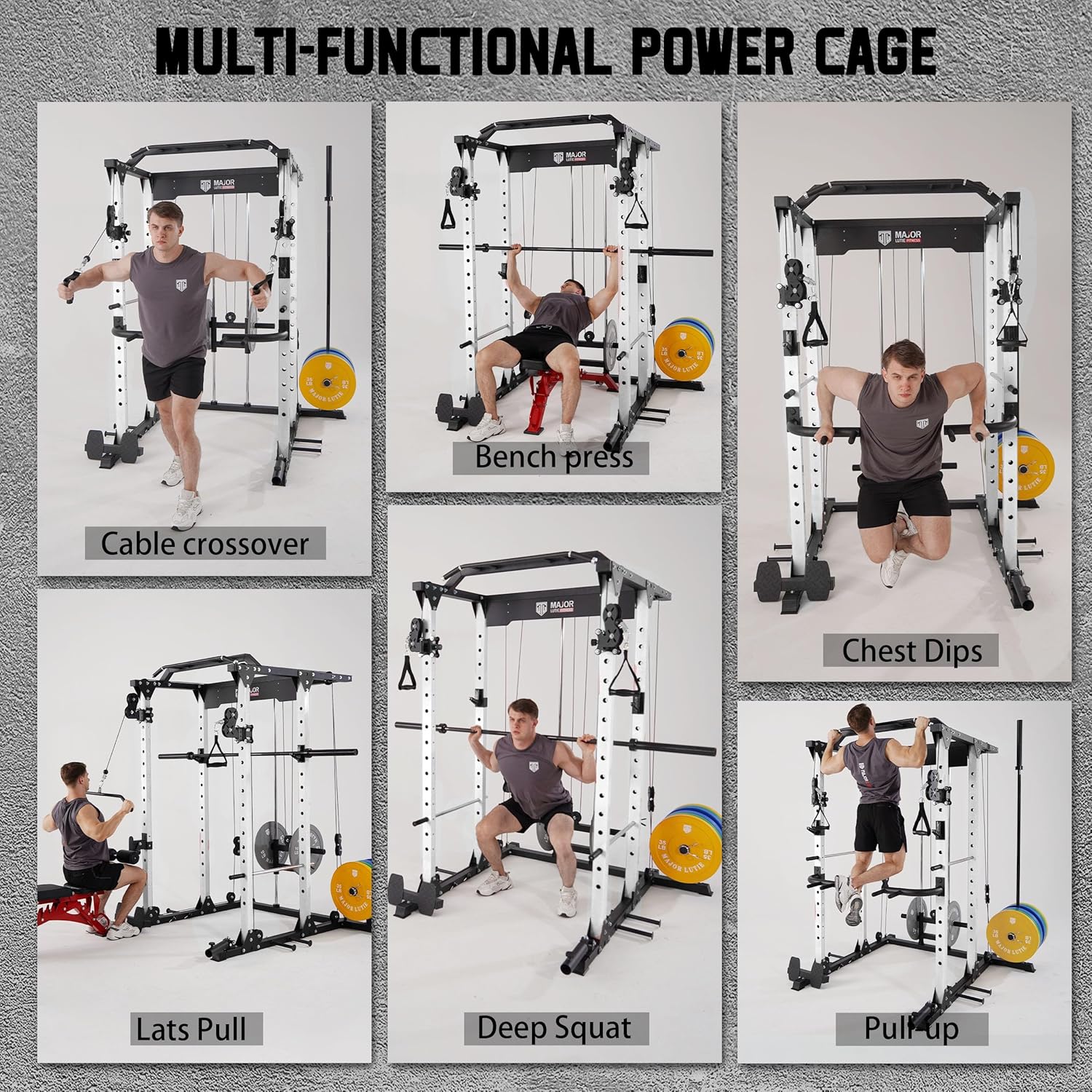 MAJOR LUTIE Jaula de potencia para fitness con placas de peso de hierro fundido de 245 libras y barra olímpica, PLM03 Rack de potencia multifunción