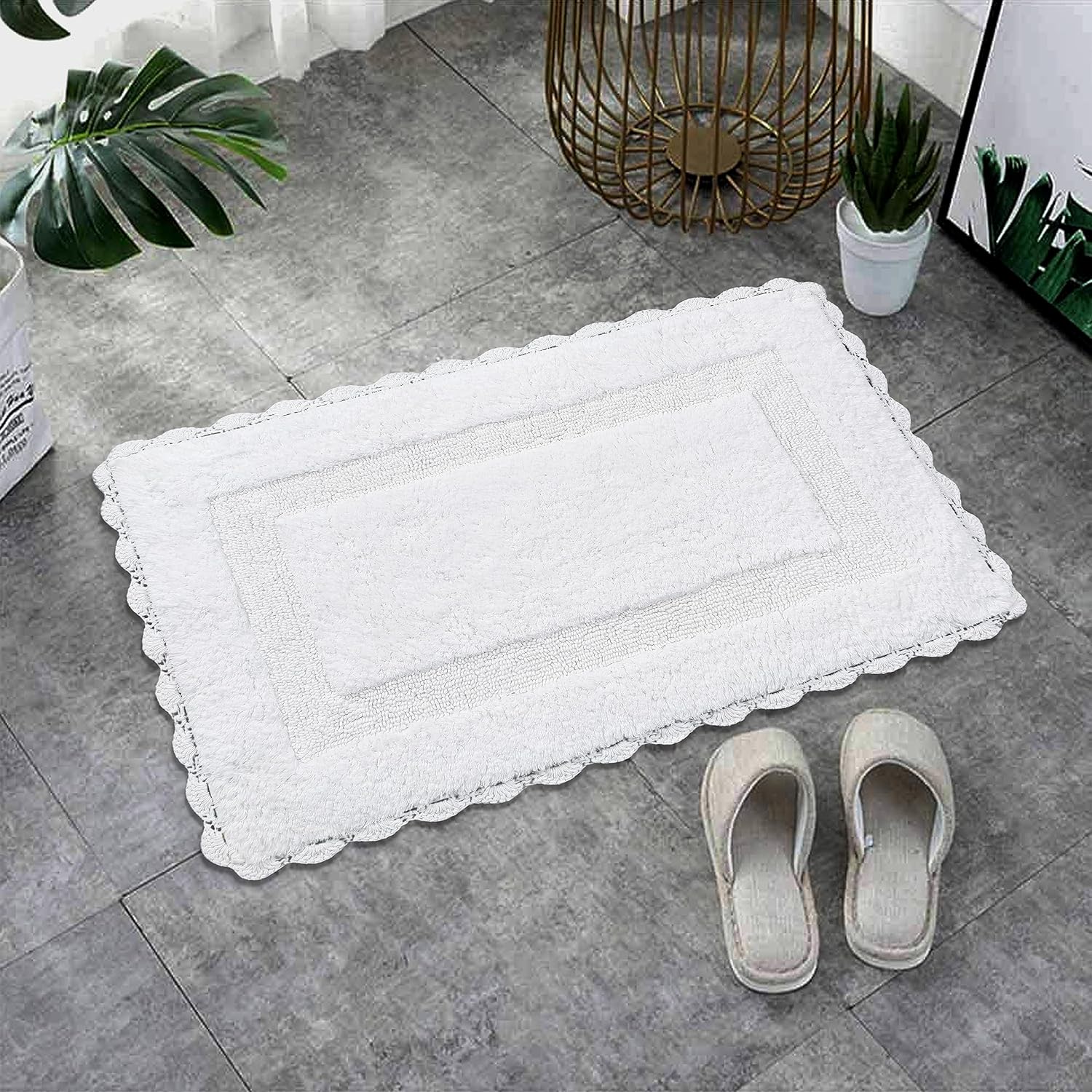 Alfombra de baño de algodón de ganchillo con antideslizante de 17 x 24 pulgadas, color blanco, 100% algodón puro, súper suave, felpa y absorbente,