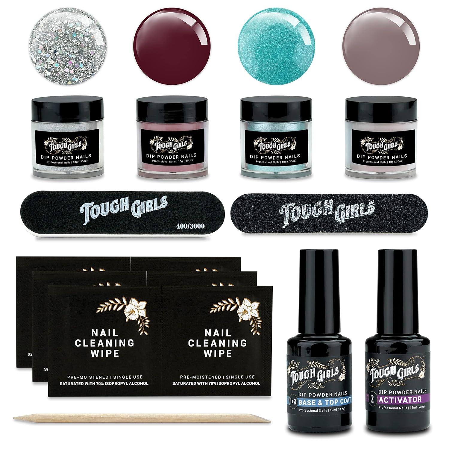 TOUGH GIRLS Kit de 4 polvos de inmersión  Incluye polvos de inmersión, capa base y superior, activador, barra de cutícula, lima de uñas y toallitas