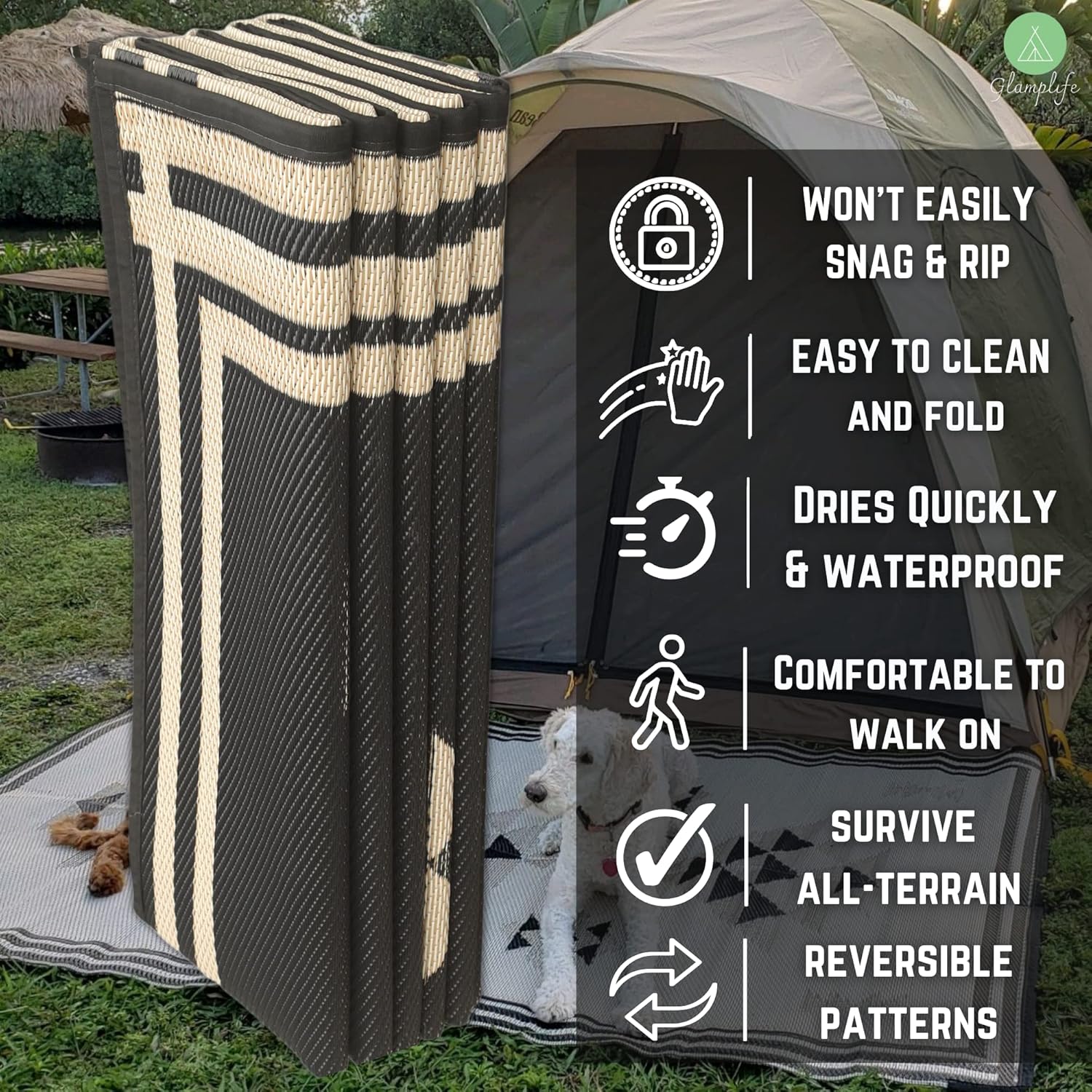 Alfombras para camping recicladas de Glamp Mat para RV  Alfombras de camping duraderas, hermosas y sostenibles para el exterior de tu RV que son