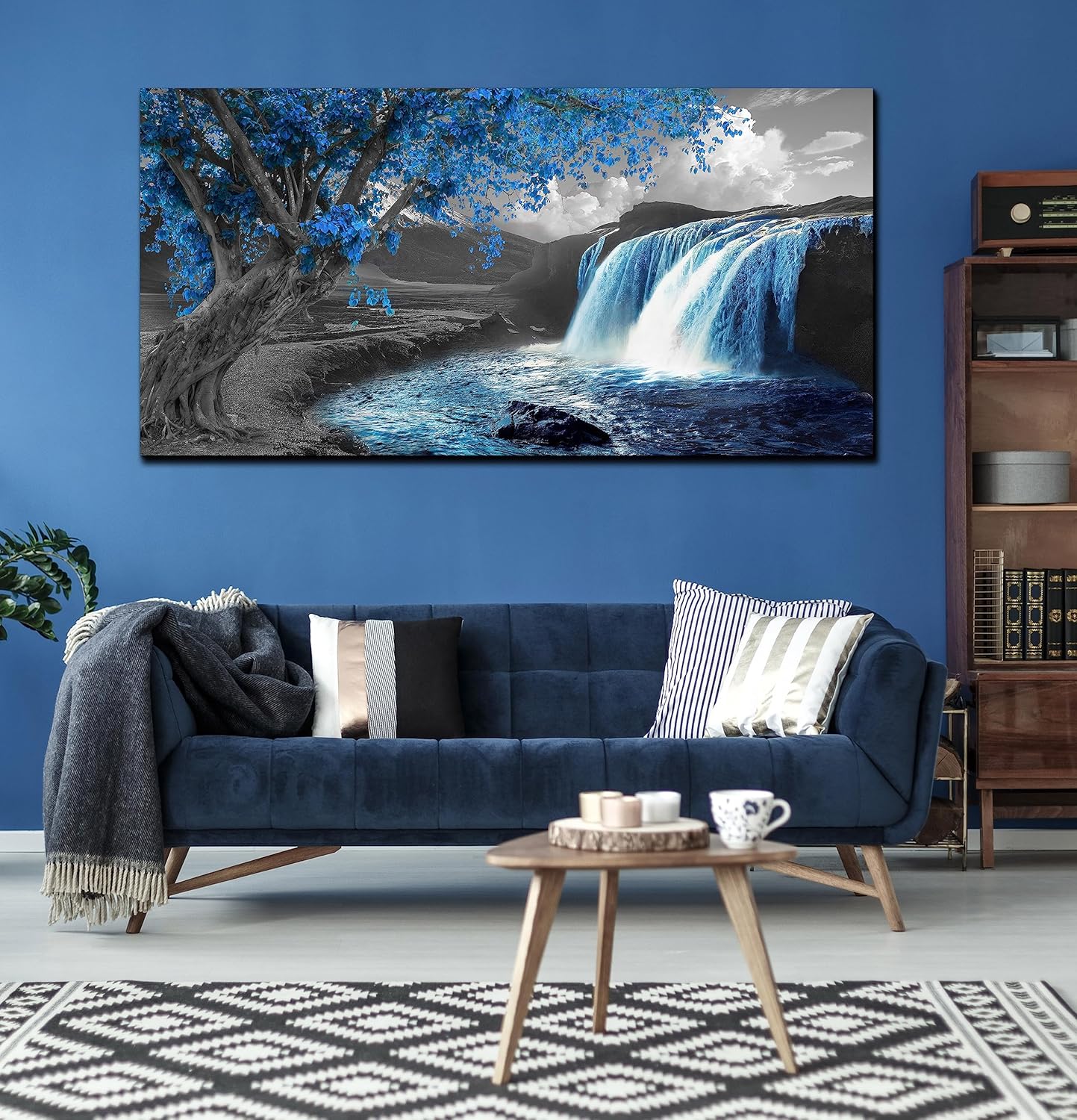 Lienzo de paisaje natural para sala de estar, cuadros de cascada para pared, decoración de pared de árbol azul, listo para colgar, tamaño 60 x 30