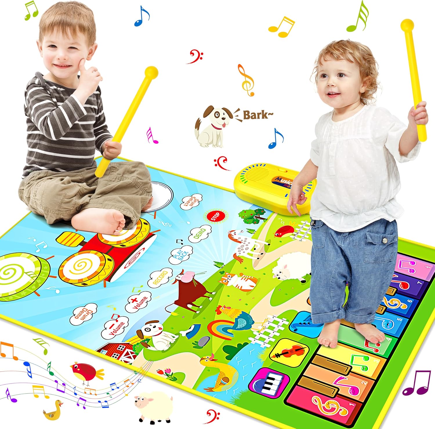 Vanmor Tapete musical para niños pequeños, juguetes musicales, teclado de piano y tapete de batería con 2 palos, manta de animales, almohadillas