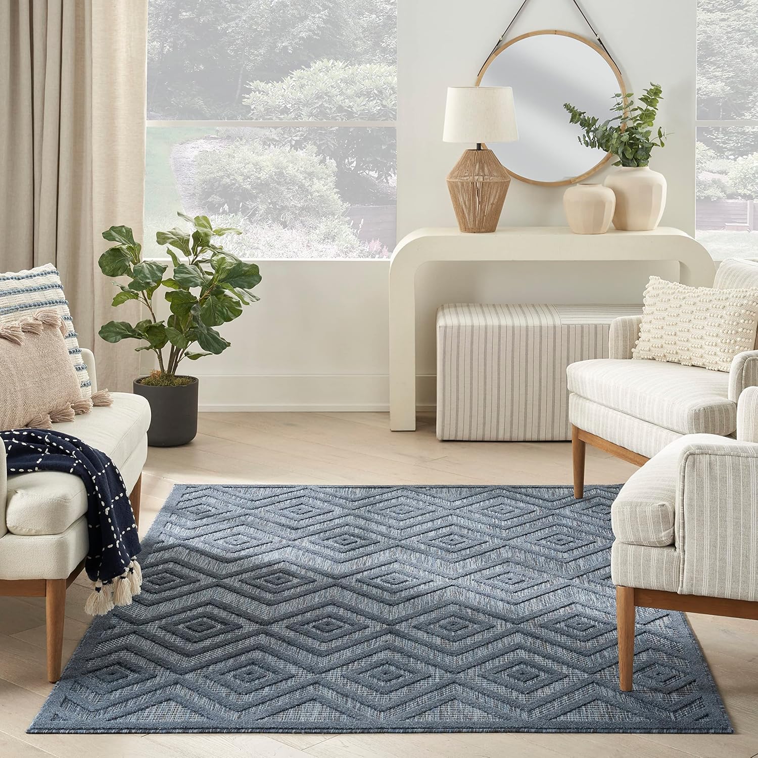 Nourison Alfombra versátil para interiores y exteriores, color azul marino, de 5 x 7 pies, fácil de limpiar, no se desprende, para dormitorio, sala