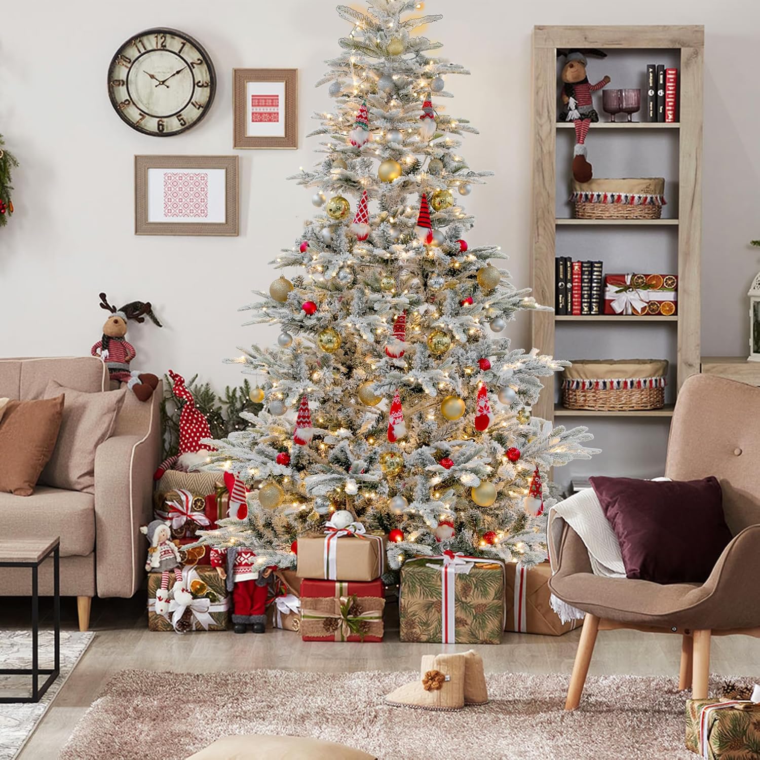 Prelit Árbol de Navidad flocado de 6 pies de pino artificial con 400 luces LED blancas cálidas para decoración de Navidad