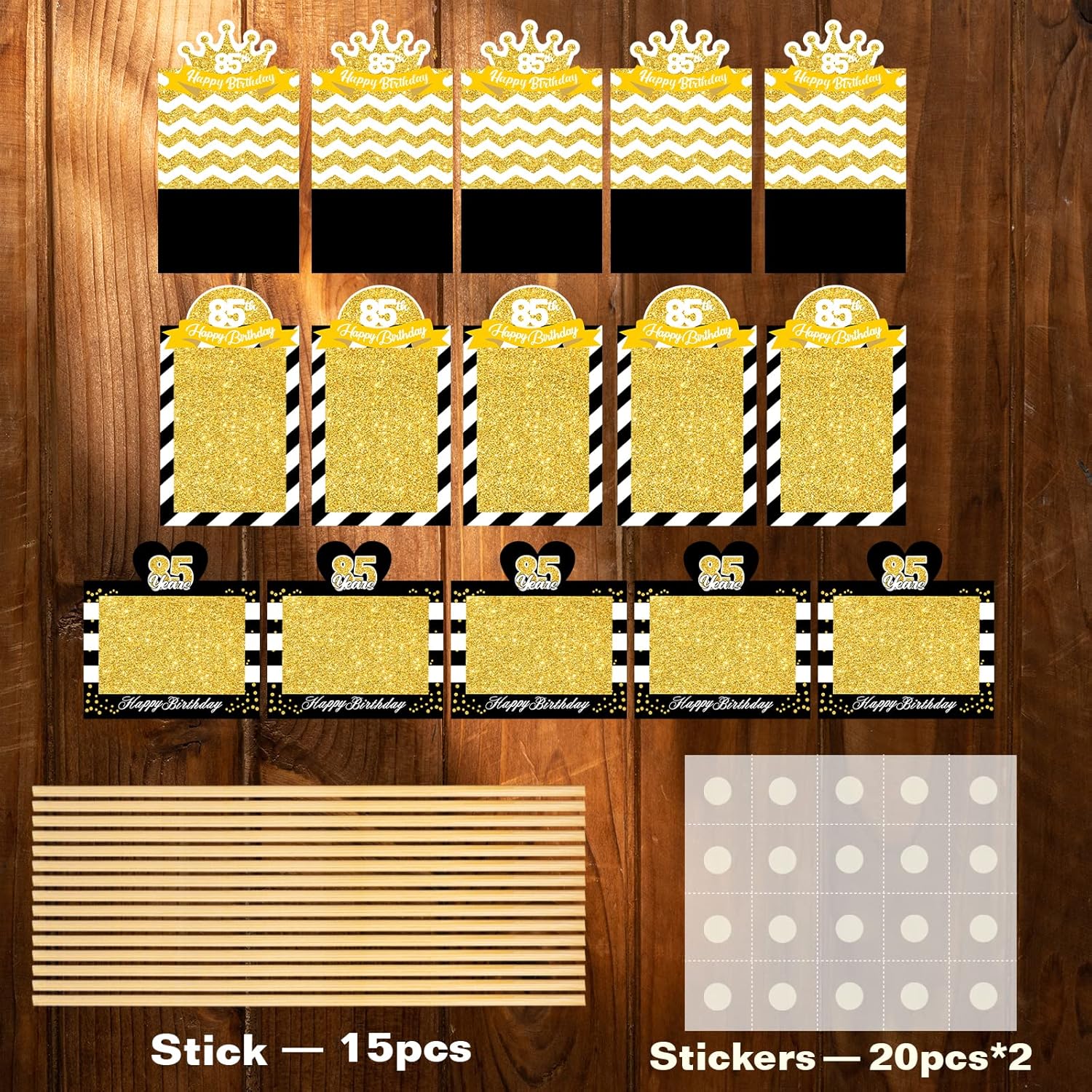 MEFENG 15 palitos para centro de mesa de fiesta de cumpleaños 85, color negro y dorado, decoración de mesa para fotos de cumpleaños de 85 años,