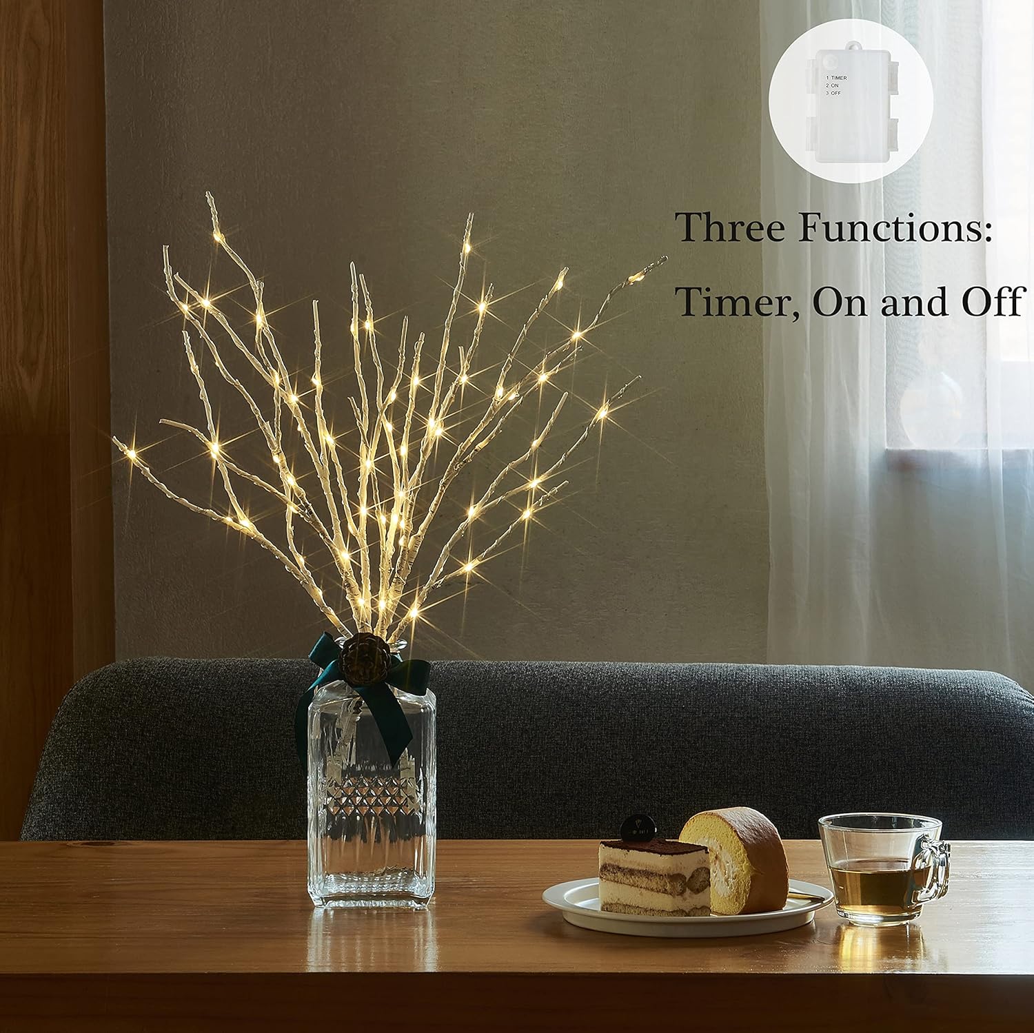 Birchlitland Ramas de abedul iluminadas con temporizador, funciona con pilas, 18 pulgadas, 70 L, luces LED blancas cálidas, luces decorativas