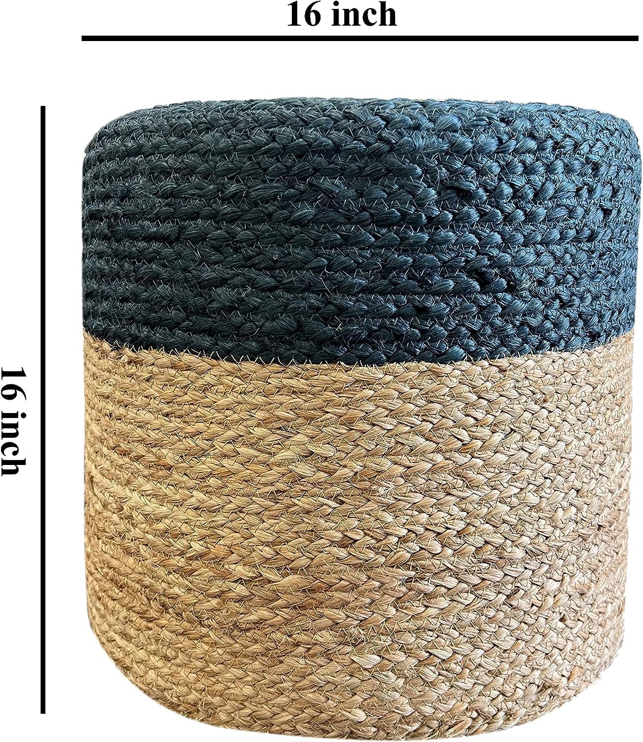 Puf otomano de yute, puf reposapiés, trenzado a mano, redondo, bohemio, para sala de estar, dormitorio, guardería (16 x 16 x 16 pulgadas), azul