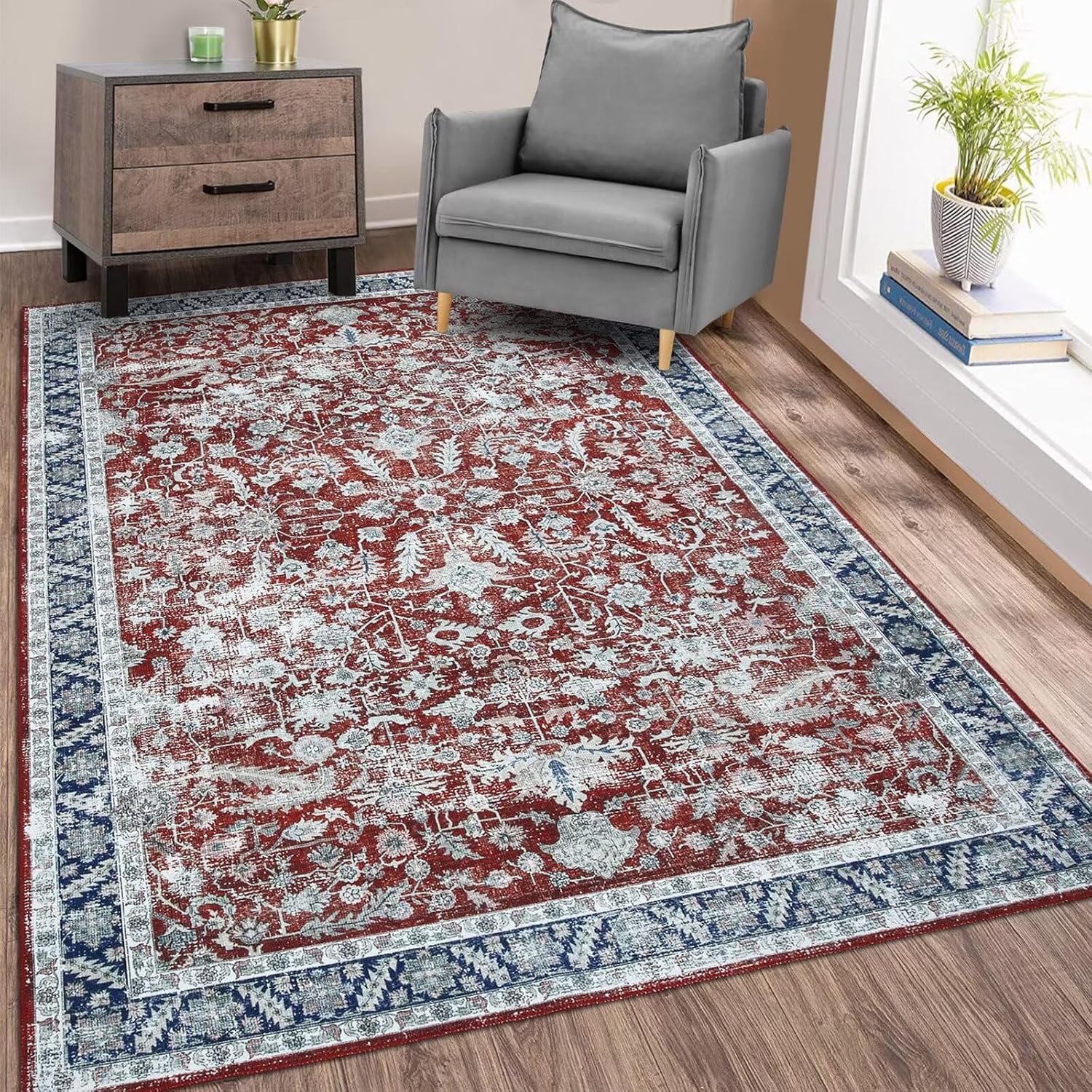 GAOMON Alfombra de área para sala de estar, 9 x 12, lavable a máquina, oriental persa para dormitorio, alfombra vintage con estampado floral