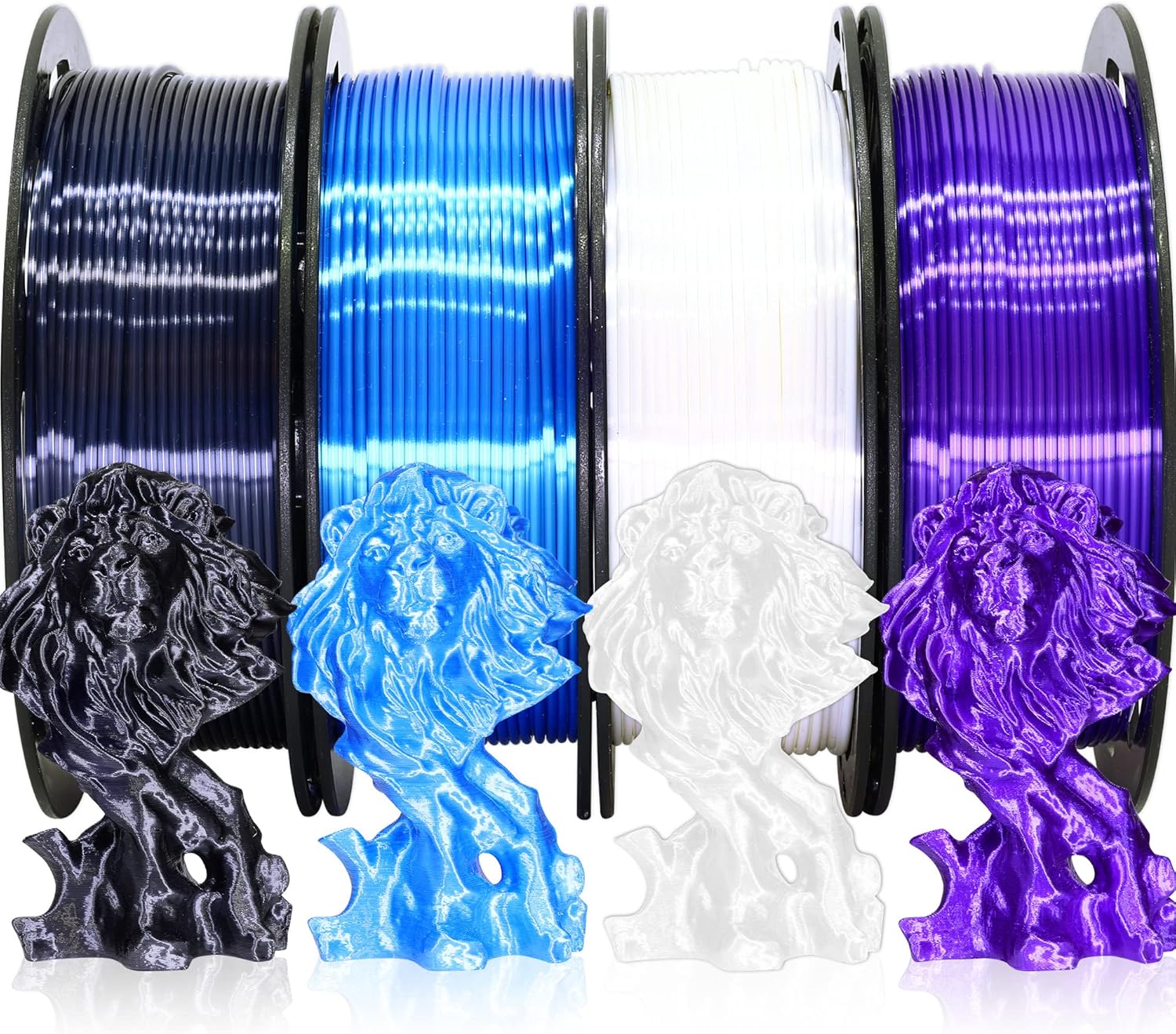 BBLIFE Paquete de filamentos 3D de PLA de seda 4 en 1 de 0.069 in brillo de seda negropúrpurablancoazul, cada carrete 8.82 oz, 4 carretes