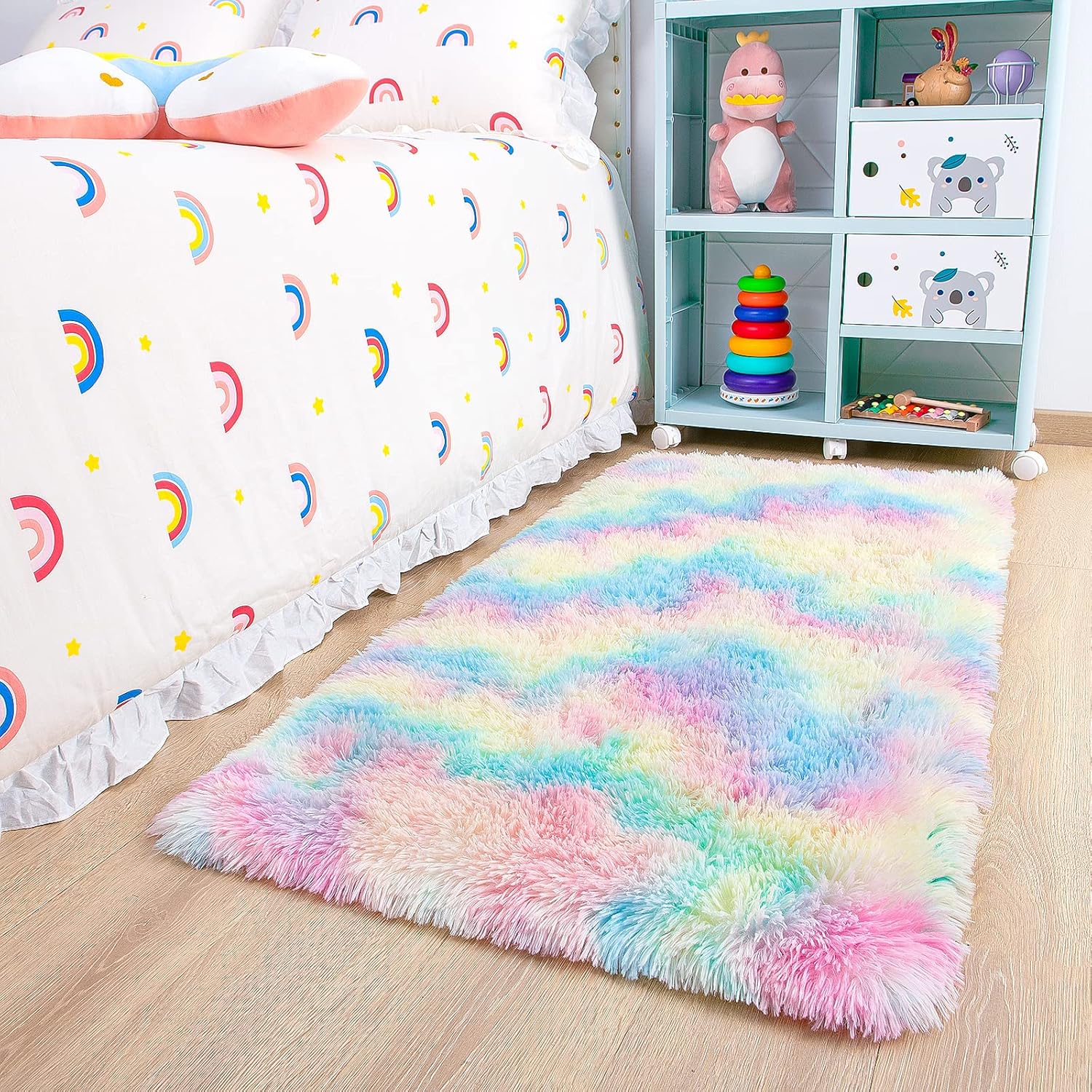 JUNOVO – Alfombras suaves de arcoíris para habitación de niñas, alfombras coloridas y esponjosas para el suelo, alfombra de juego lanuda para niños,