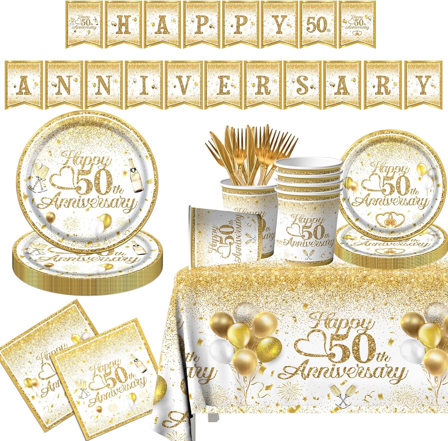 Dydamud Decoraciones de aniversario de boda, el juego de vajilla de feliz aniversario del 50 aniversario incluye platos y servilletas con purpurina