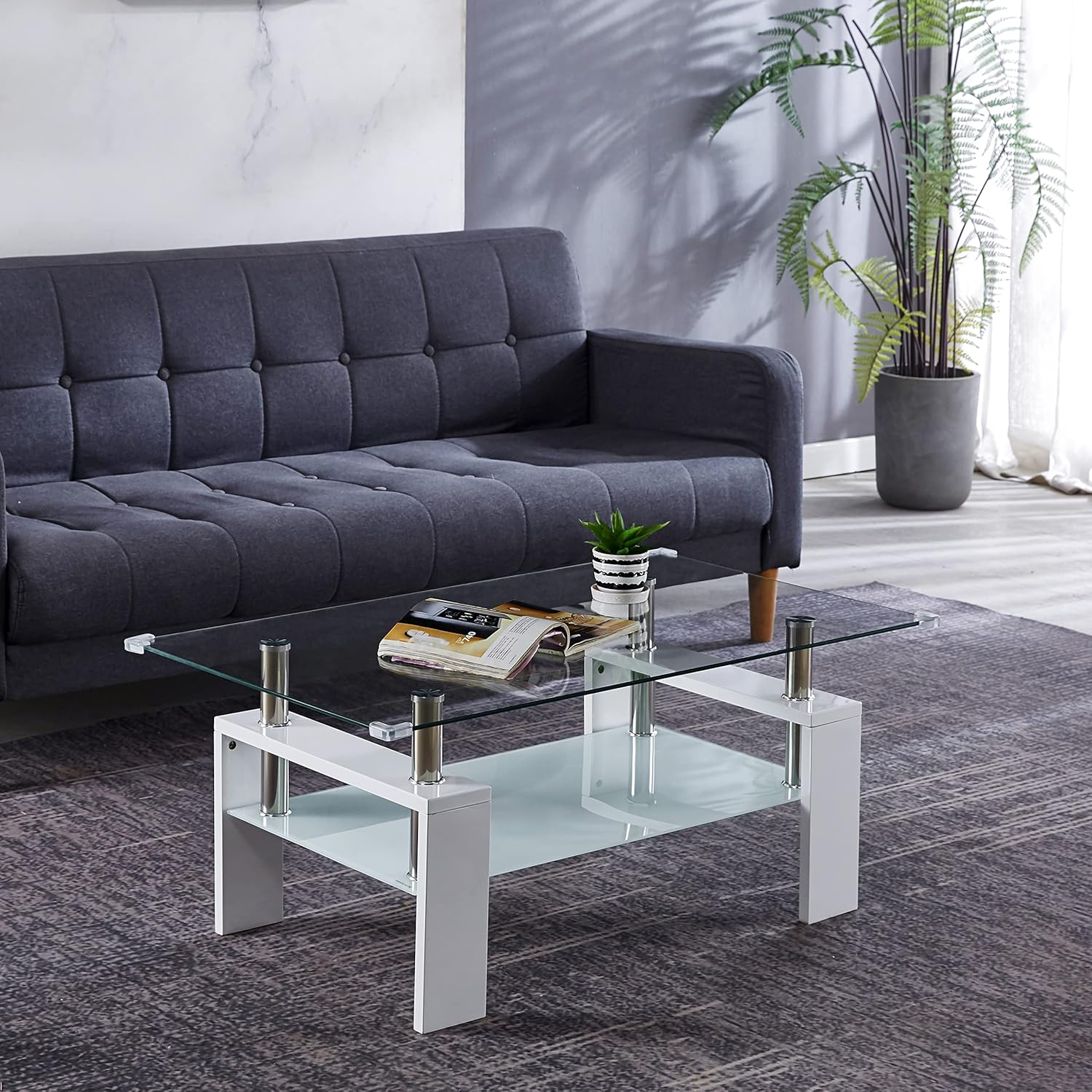 Mesa de centro rectangular de vidrio de 37 pulgadas, mesa de centro lateral blanca moderna con estante inferior, mesa de centro de doble capa con