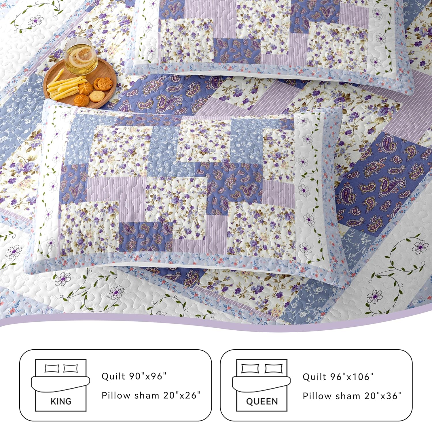 Juego de ropa de cama morada tamaño King  Colchas reversibles de microfibra con 2 fundas de almohada, ropa de cama suave y ligera, colcha de flores,