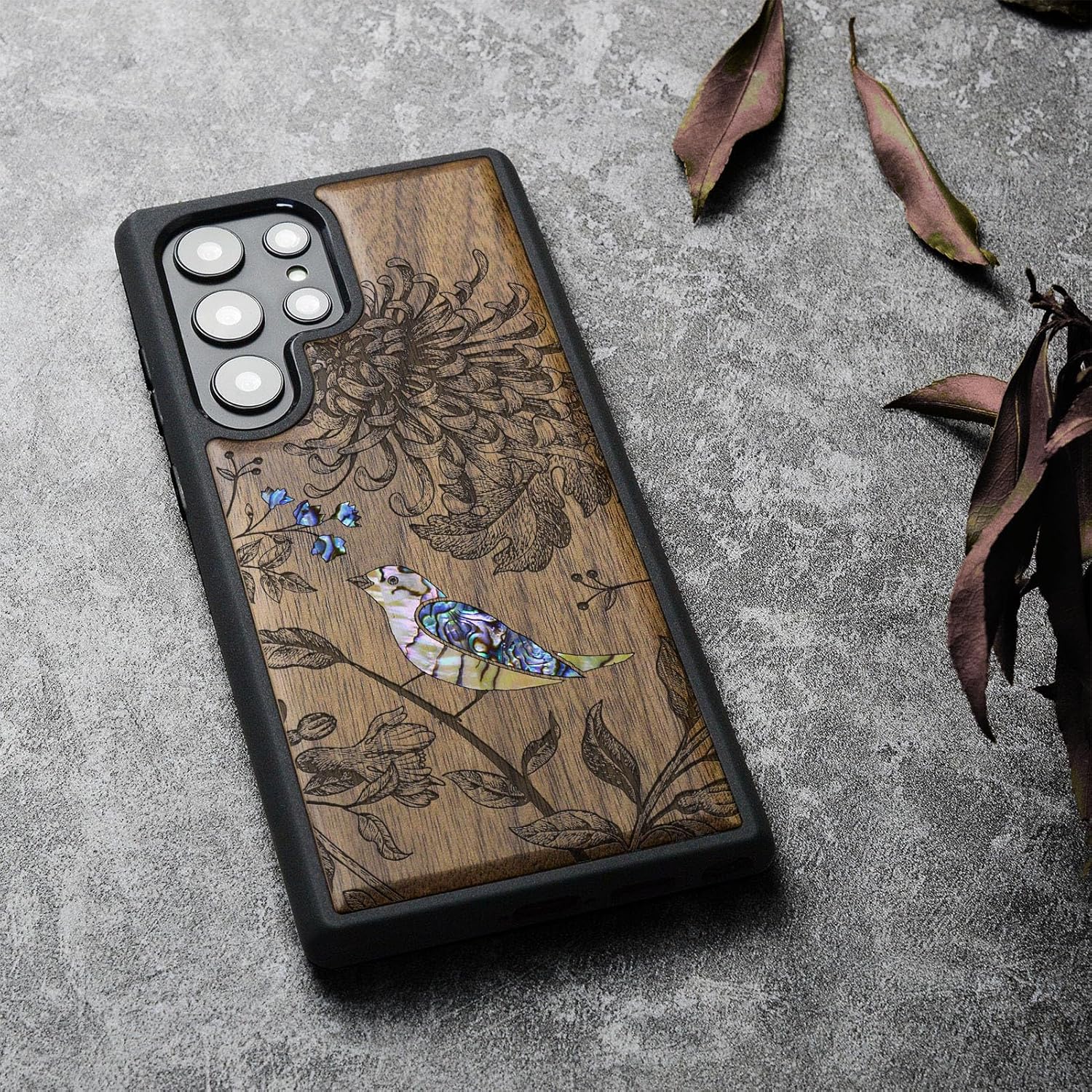 Carveit Funda de madera de diseñador para Samsung Galaxy S22 Ultra (grabado de madera e incrustaciones de carcasa) compatible con cargadores