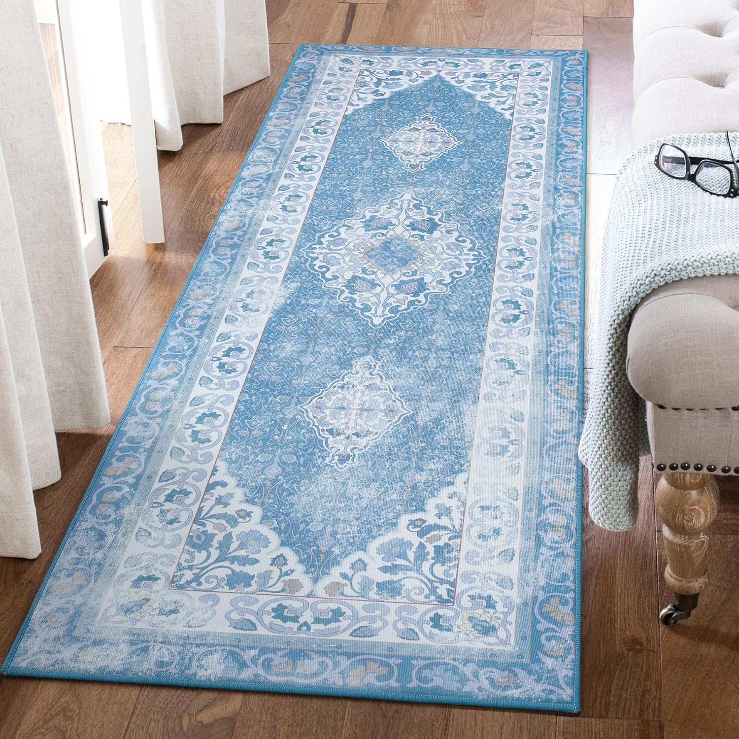 Alfombra de pasillo para dormitorio, alfombra azul de 2 x 6 pulgadas, alfombra floral pequeña para cocina, lavandería, entrada, alfombra de