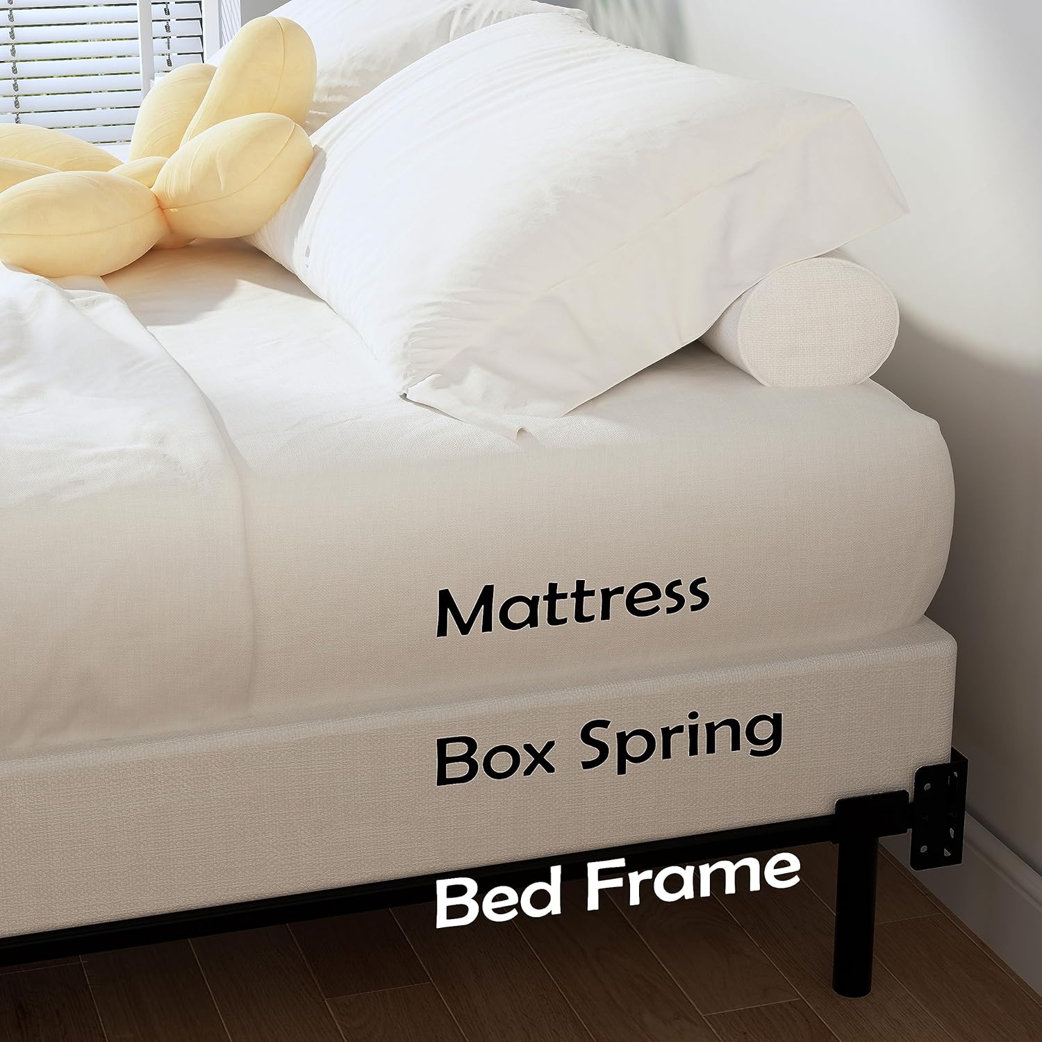 EMODA Base de cama tamaño matrimonial de 5 pulgadas, base de colchón de metal resistente de 3000 libras con funda de tela, fácil montaje, color negro