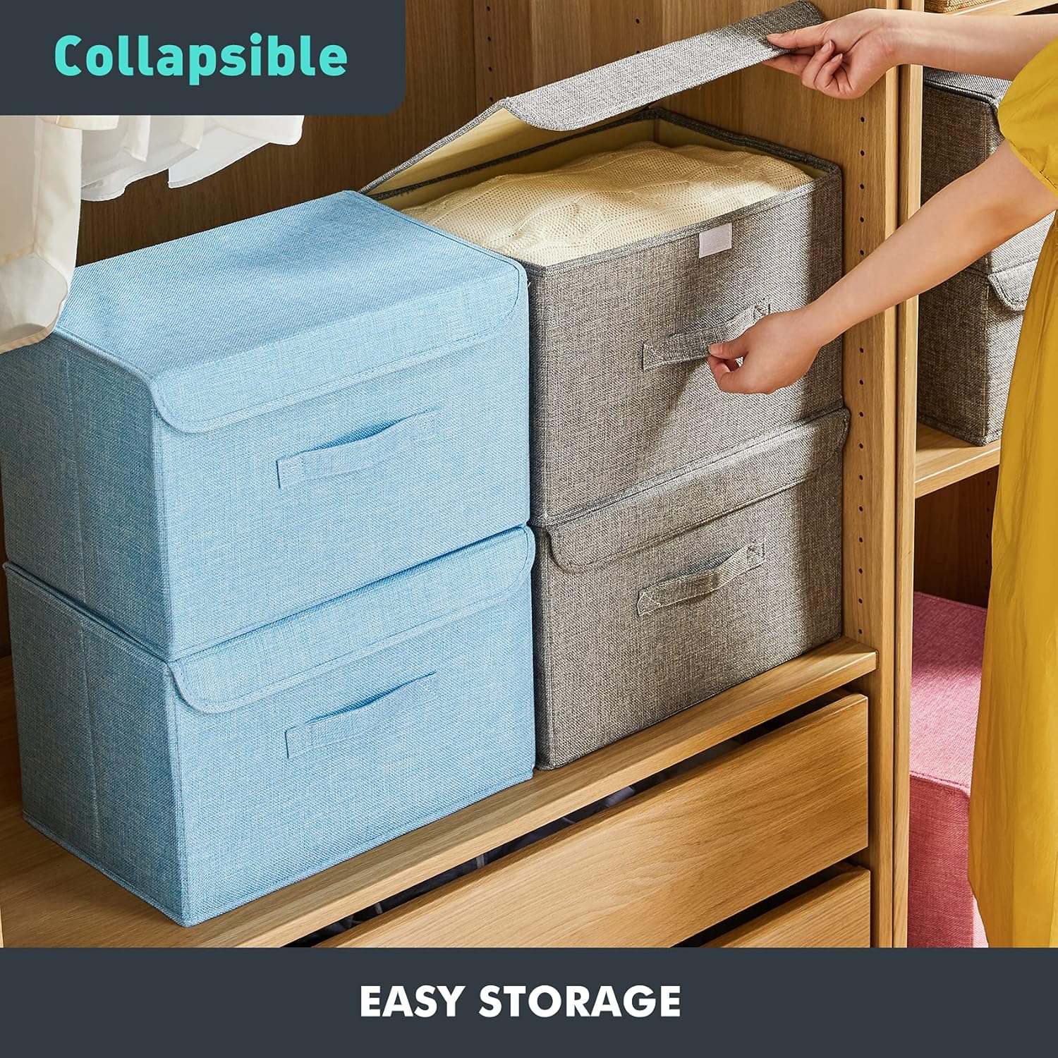 Caja de almacenamiento plegable 2 cajas de almacenamiento con tapas, caja de almacenamiento de lino, utilizada para almacenar juguetes, ropa, papel