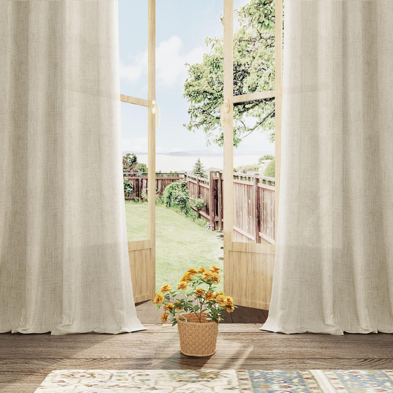 Cortinas de lino beige de 96 pulgadas de largo para dormitorio, cortinas de lino semitraslúcidas que filtran la luz, para sala de estar, casa rural