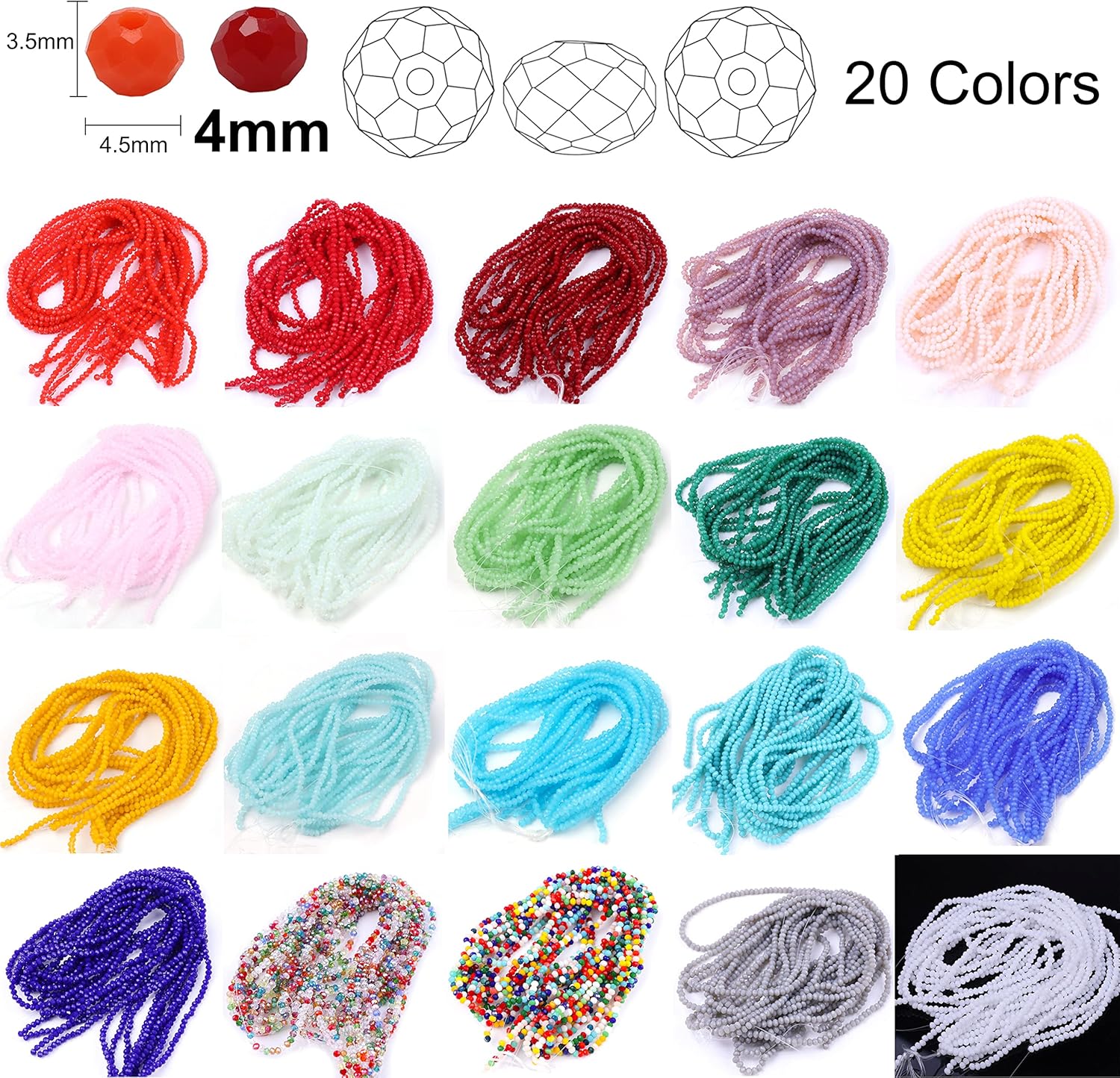 GLAMEFOUR 1250 cuentas de cristal de porcelana al por mayor, cuentas espaciadoras de hebras Briolette redondas en forma de rondelle, colores