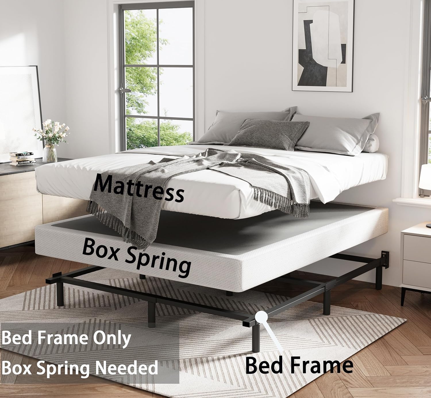 Base de cama de tamaño matrimonial, marco de cama Metal Basics de 9 pulgadas, base de alto perfil para somier, soporte de 9 patas, sin ruido, fácil