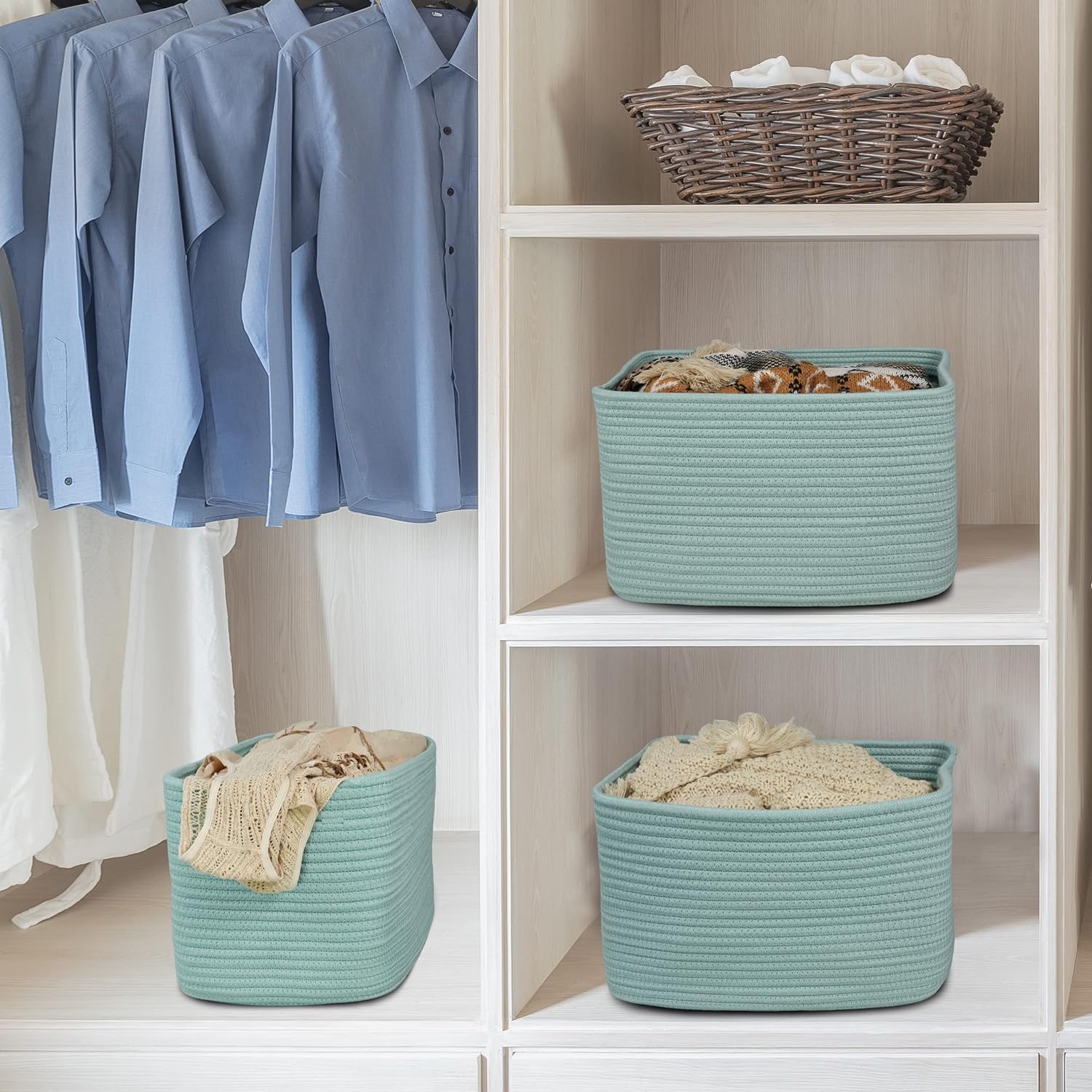 Cesta de almacenamiento de cuerda de algodón, cesta tejida para organizar estantes, cestas decorativas rectangulares para almacenamiento de ropa,