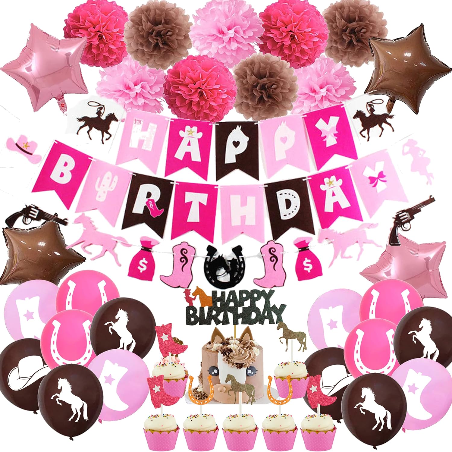 Decoraciones de fiesta de cumpleaños con temática de vaquera occidental, color rosa y marrón para niñas, pancarta de guirnalda de caballo de