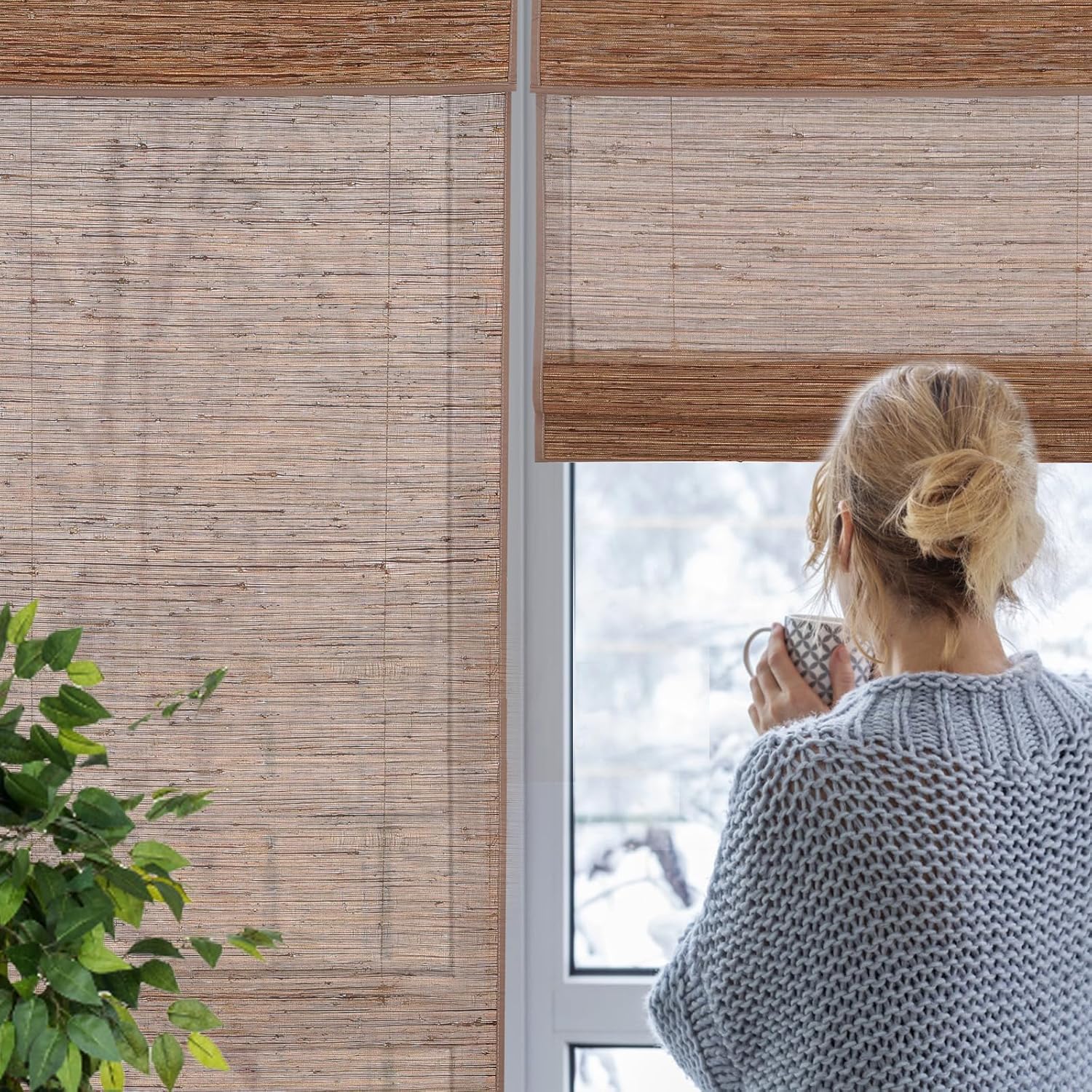 DEJAVU Persianas romanas de bambú para ventanas, persianas opacas de bambú sin cables, persianas romanas de bambú tejido natural personalizado para