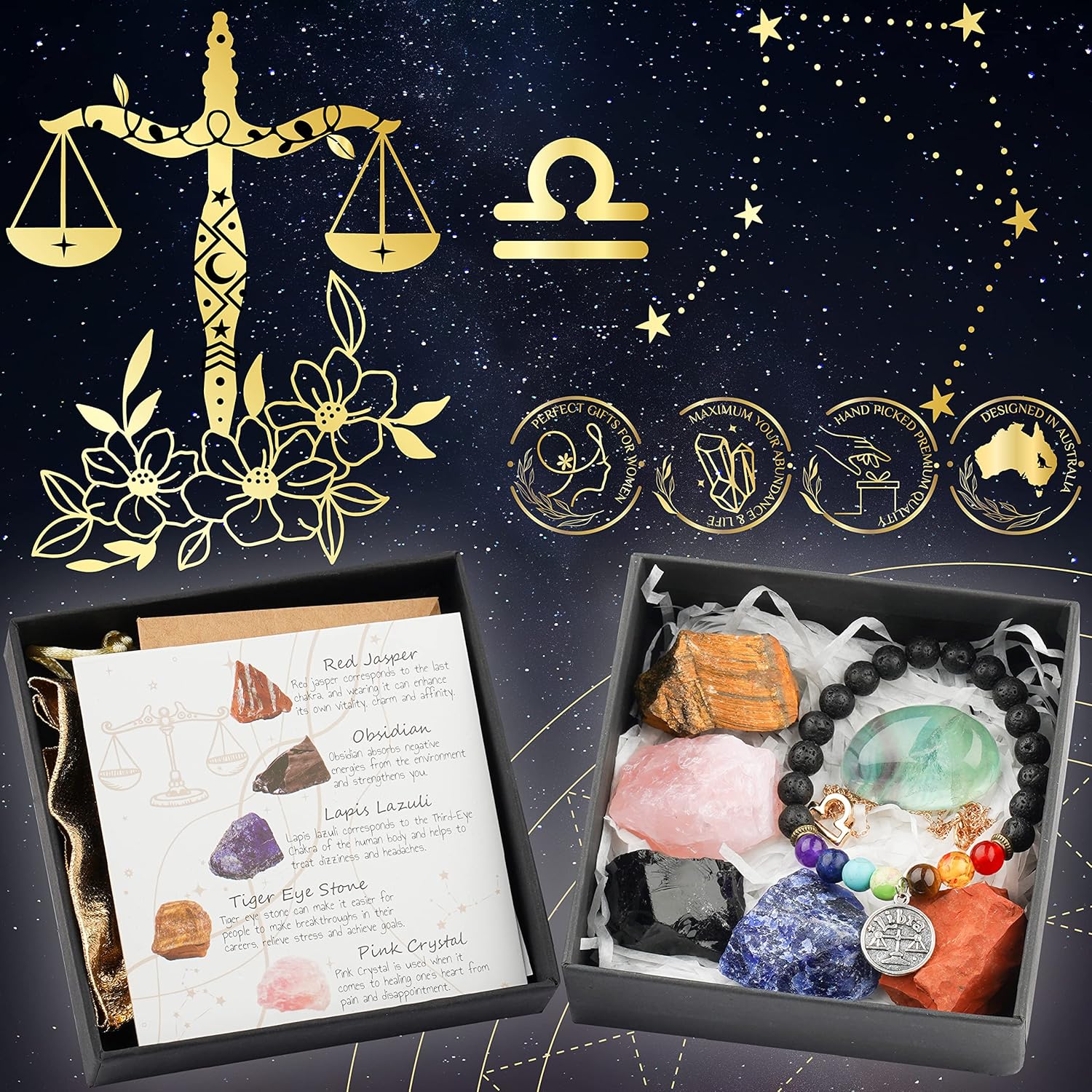 Libra – Regalos del zodiaco para mujeres, regalos espirituales, regalos de horóscopo con piedra natal, collar del zodiaco y pulsera de chakras,