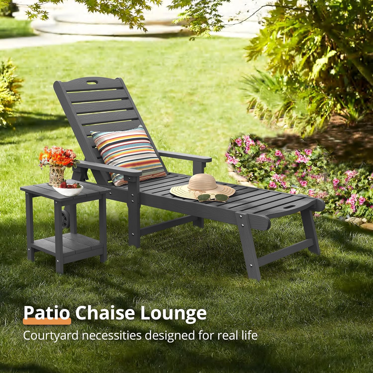 LUE BONA Tumbona para exteriores, material HDPS, silla de patio con respaldo ajustable, sillas de piscina de resina con ruedas para exteriores,