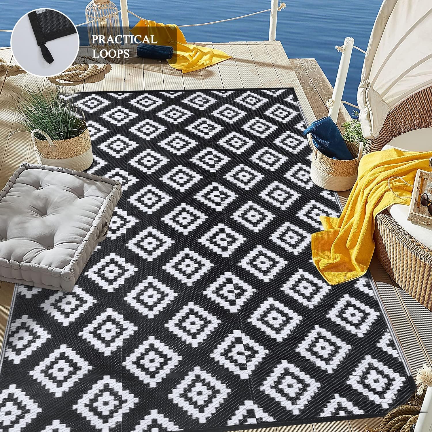 Bsmathom Alfombra de plástico reversible para patio, 9 x 12 pies, impermeable, reversible, para interiores y exteriores, para porche, jardín,