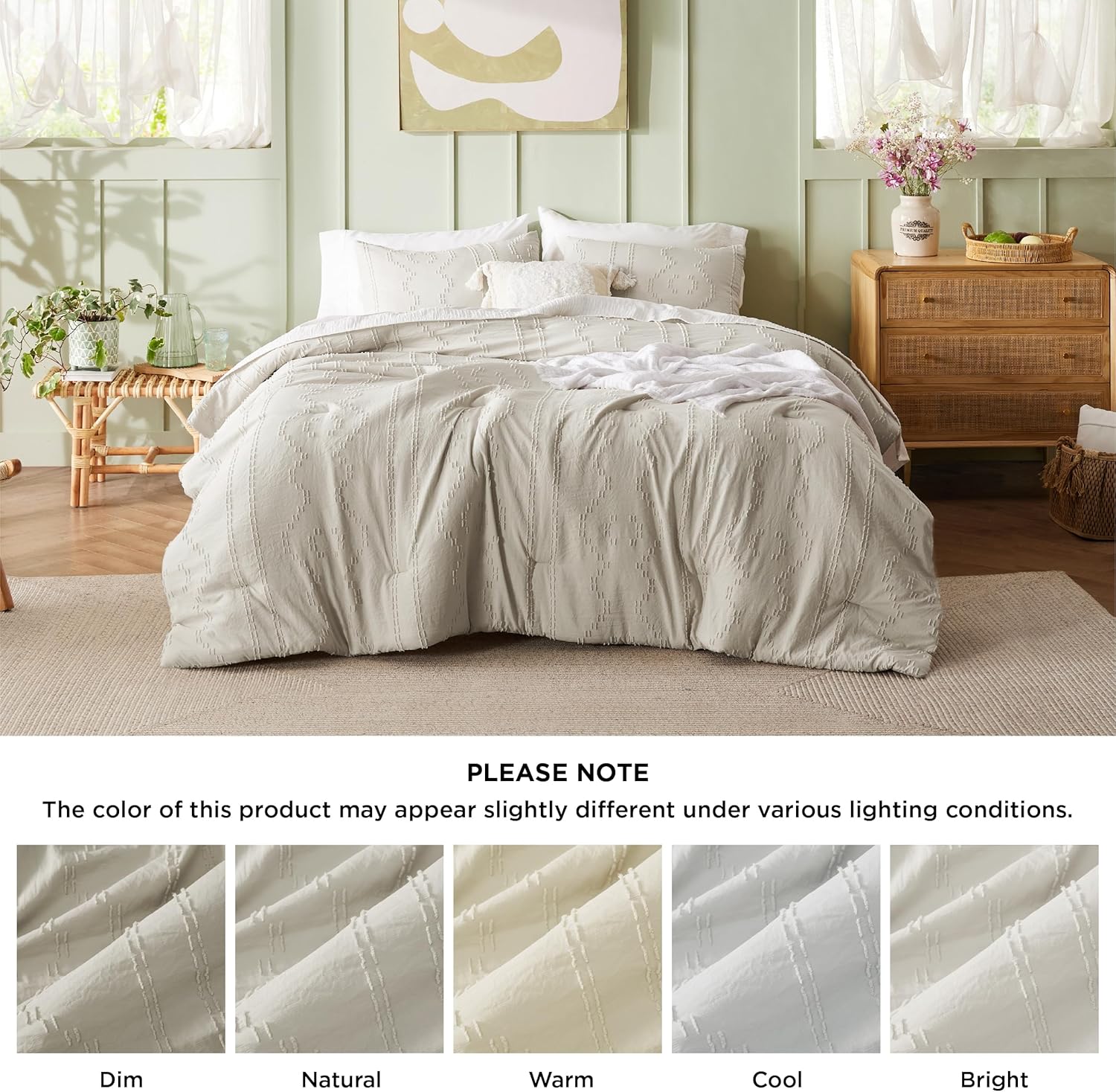 Bedsure Juego de edredón bohemio tamaño Queen  Juego de edredón copetudo beige de 3 piezas, juego de cama bordado estilo rústico y elegante, edredón