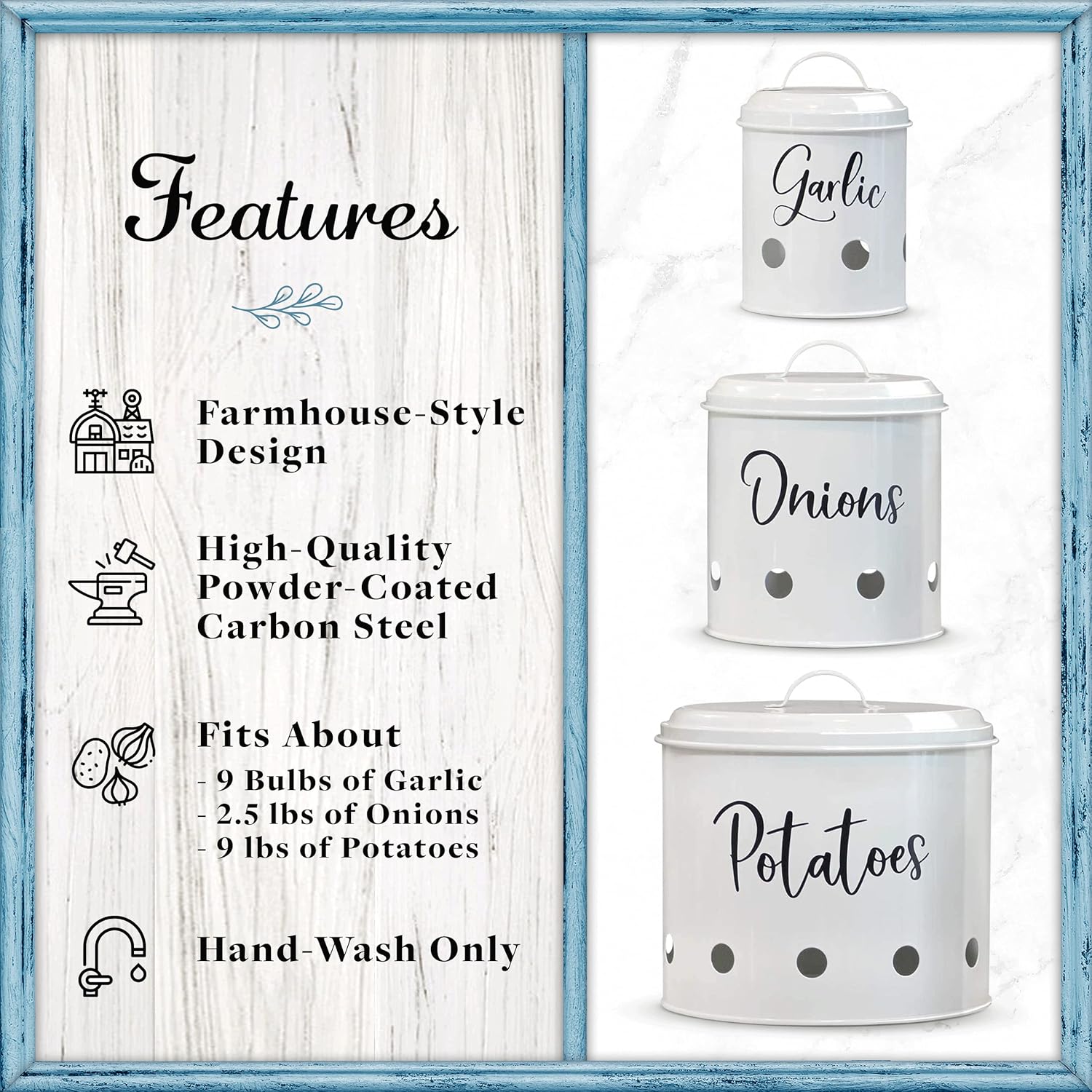 Home Acre Designs – Juego de 3 botes herméticos para papas, cebollas y ajo, contenedores rústicos artesanales para guardar las verduras, color blanco
