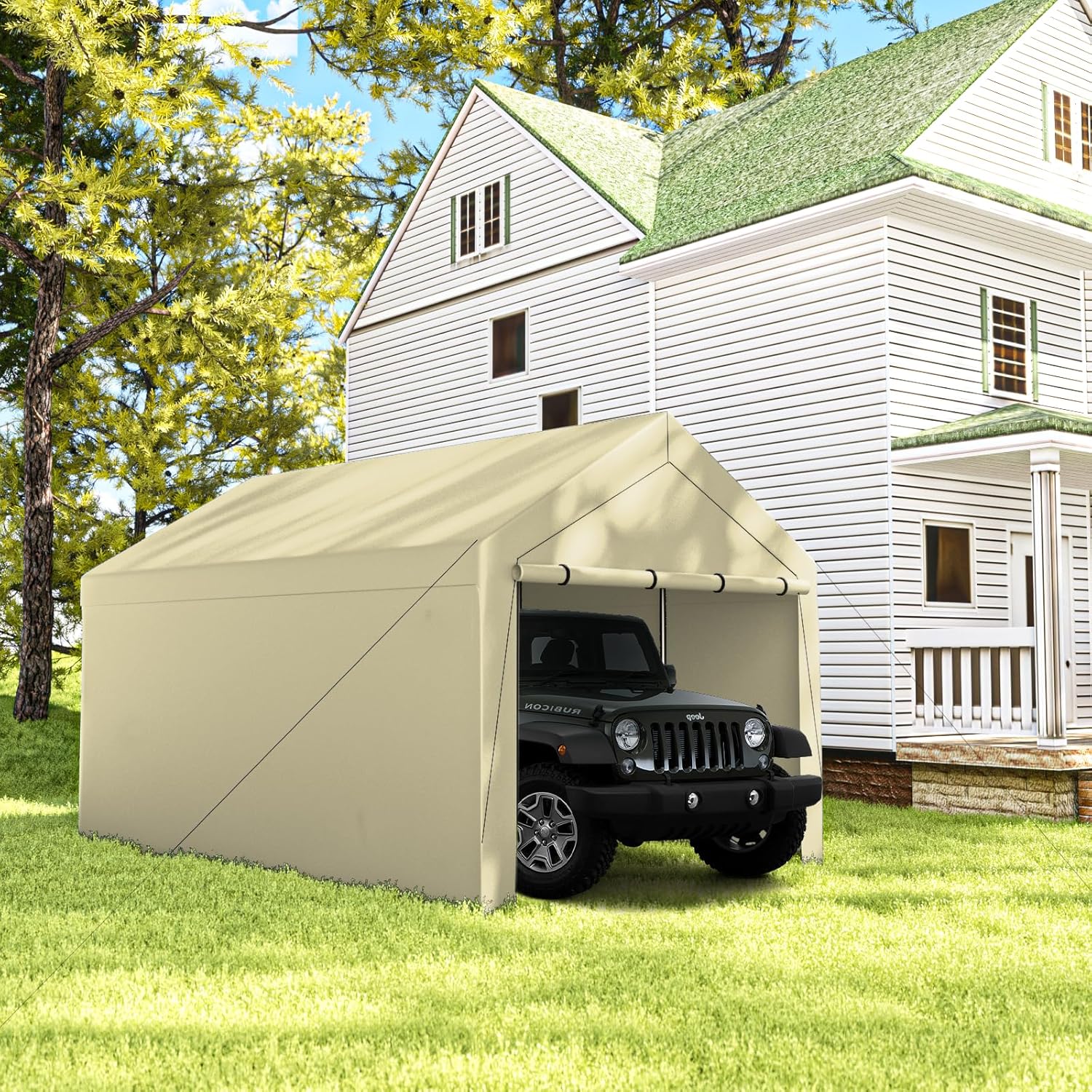 Carport – Carport portátil resistente de 10 × 20 para refugio de almacenamiento al aire libre, cobertizo de puerto de coche con marco de metal de