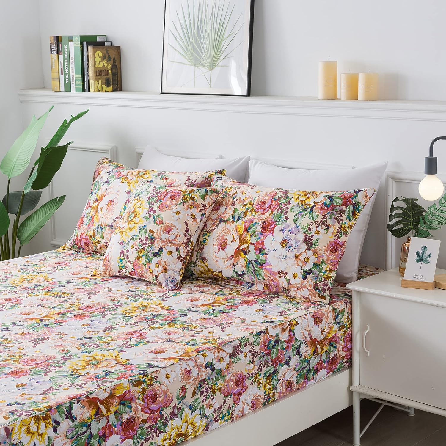 FADFAY Juego de sábanas vintage con diseño floral, tamaño matrimonial, 4 piezas, 100% algodón, suave, estilo francés, estilo rural, jardín, flores,