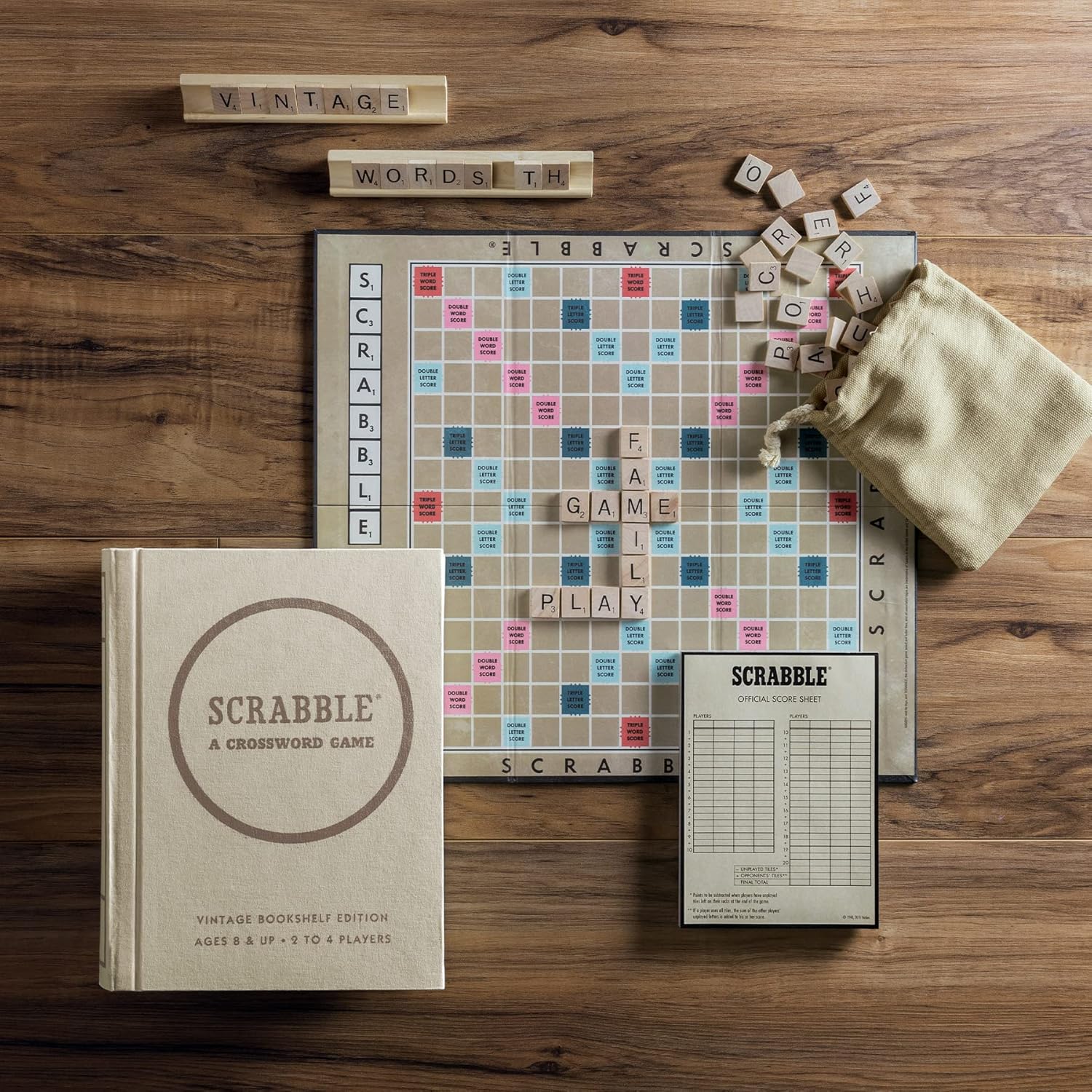 WS Game Company Scrabble, Monopoly, Clue, and Yahtzee Vintage Board Game Bookshelf Collection