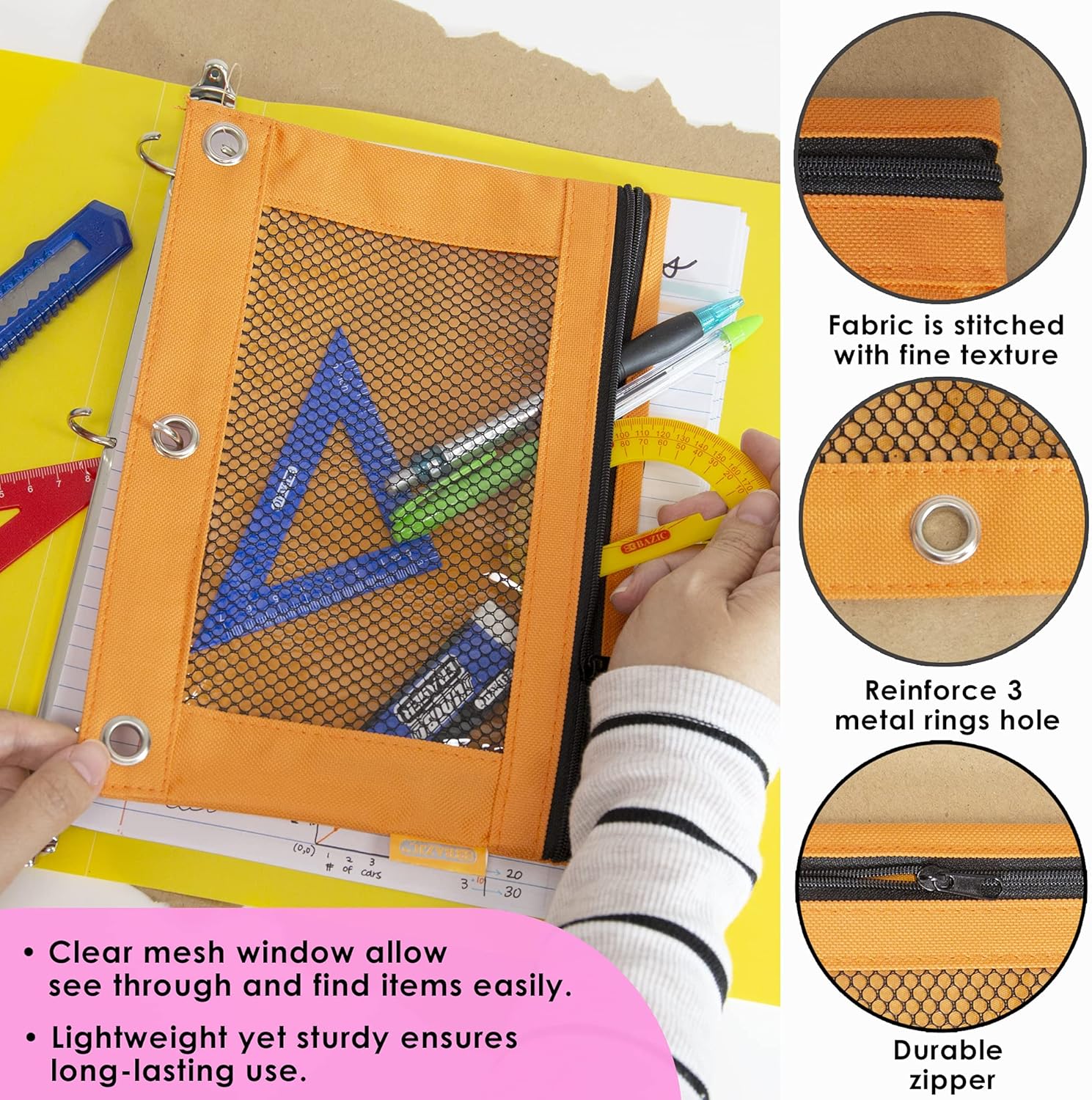 BAZIC – Estuche para lápices de 3 anillos con agujeros de anillos reforzados con remaches, bolsas de malla de color pastel con cremallera para