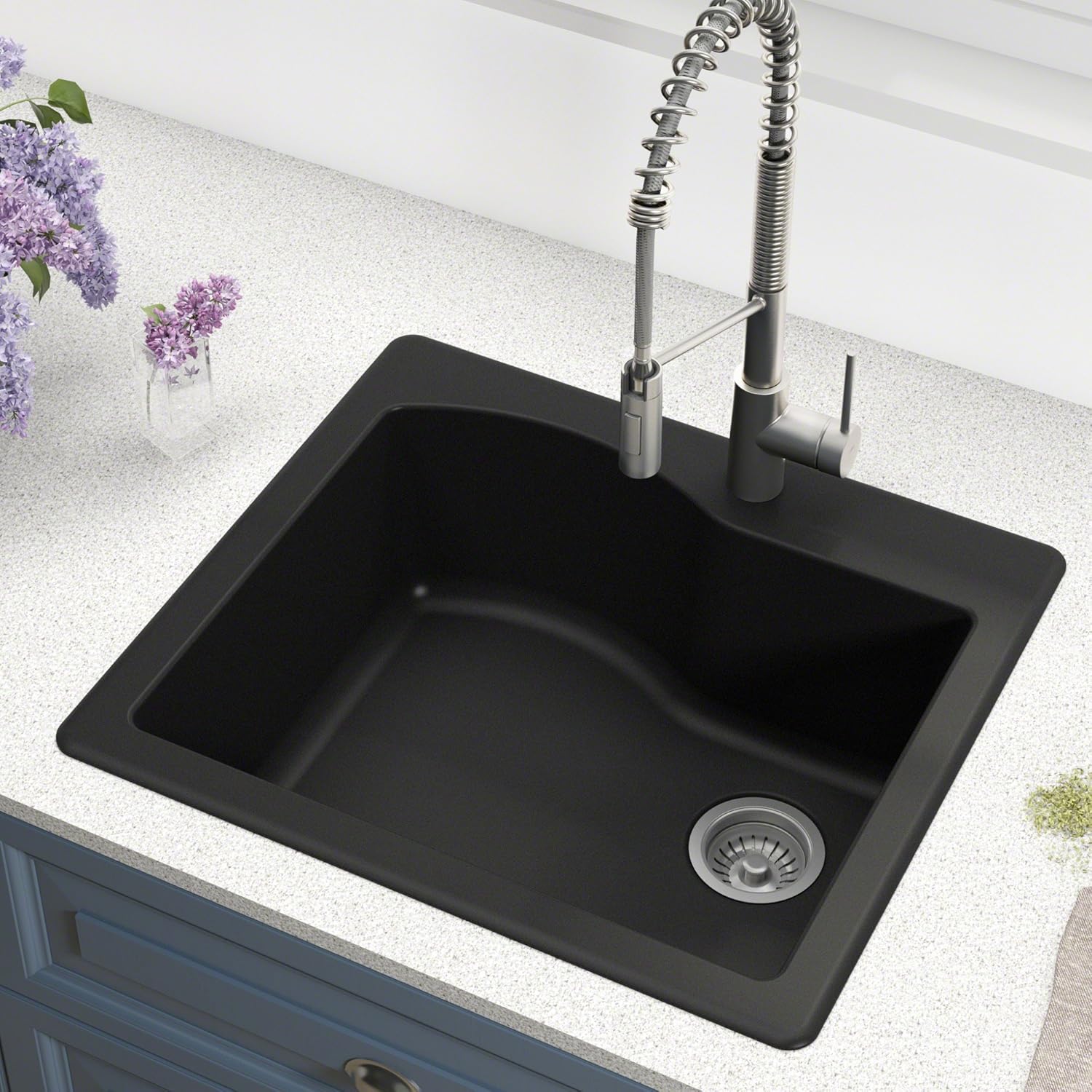 KRAUS KGD-441 Quarza – Fregadero de cocina de granito de doble montaje de 25 pulgadas, color negro