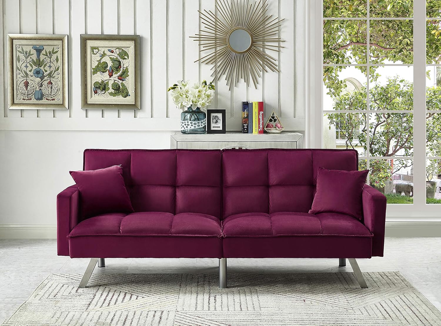 Legend Vansen – Sofá cama convertible de madera y terciopelo de 80 pulgadas, color rojo