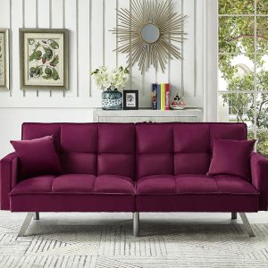 Legend Vansen – Sofá cama convertible de madera y terciopelo de 80 pulgadas, color rojo Legend Vansen – Sofá cama convertible de madera y terciopelo de 80 pulgadas, color rojo