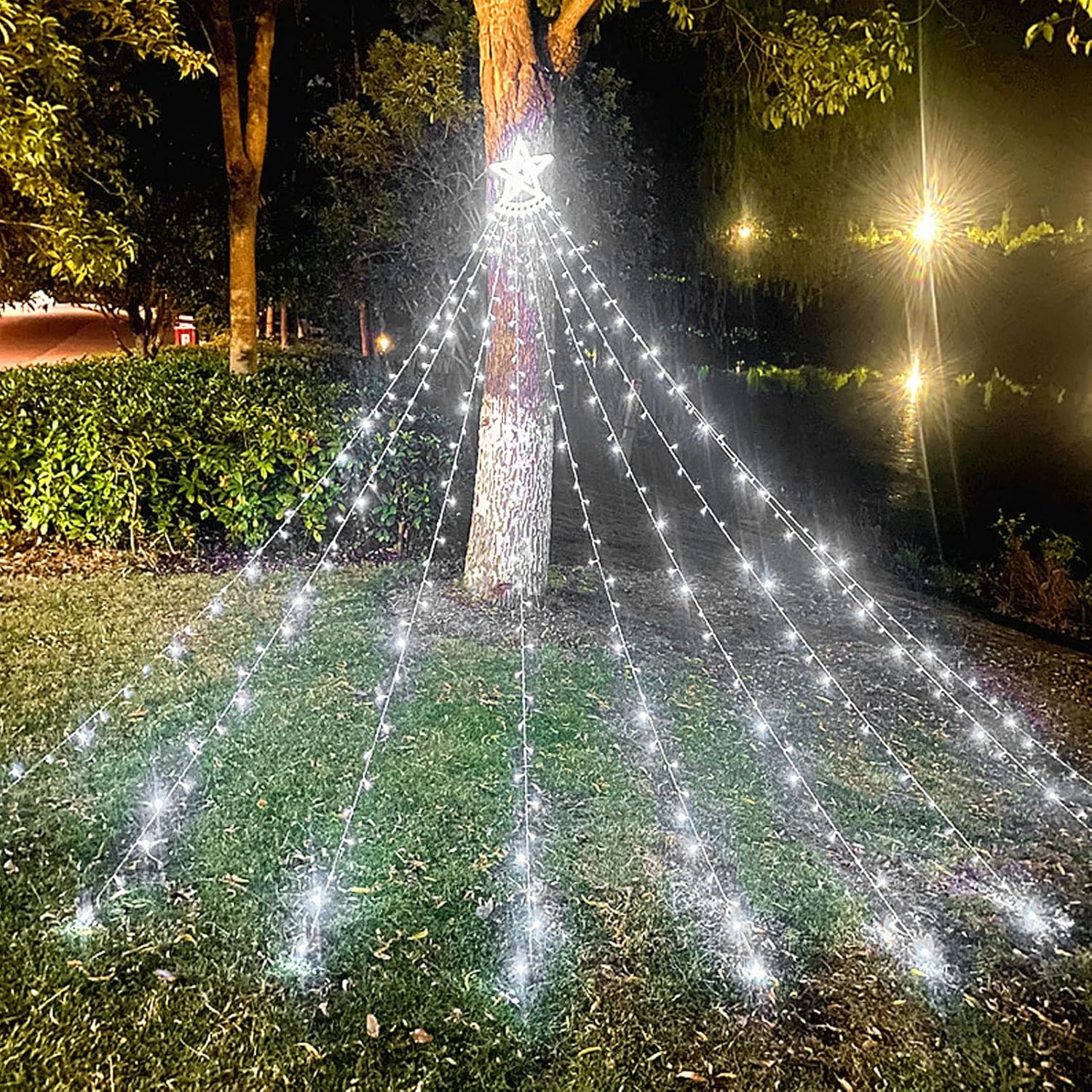 VTOSEN Luces solares de cascada para árbol de Navidad, 8 modos de luces impermeables con control remoto para exteriores, tira de luces solares,
