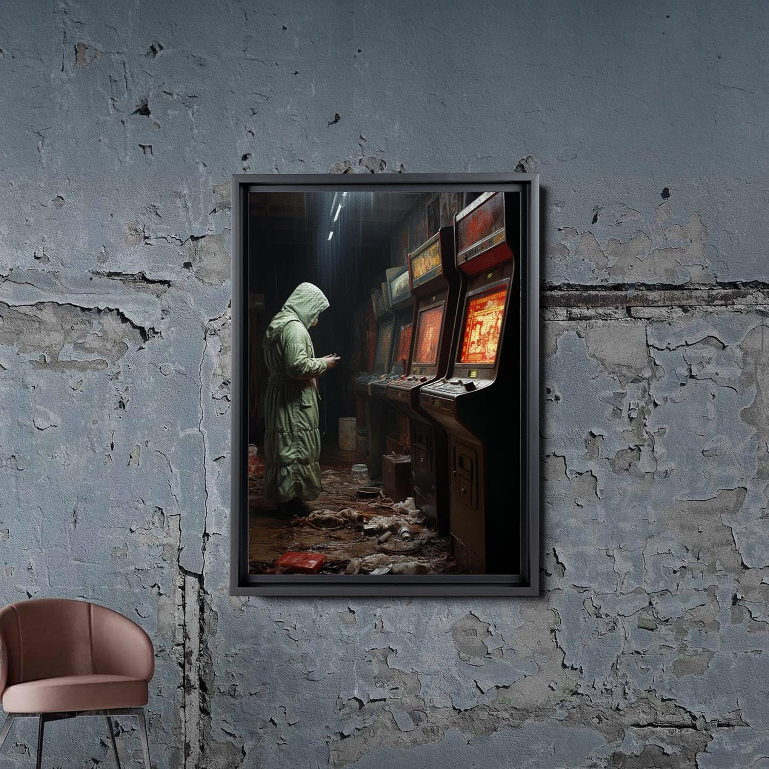 Ghost in an Abandoned Arcade, Nostalgia Poster, Art Poster Print, Dark Academia, Gothic Retro., Canvas Prints, Wall Decor
