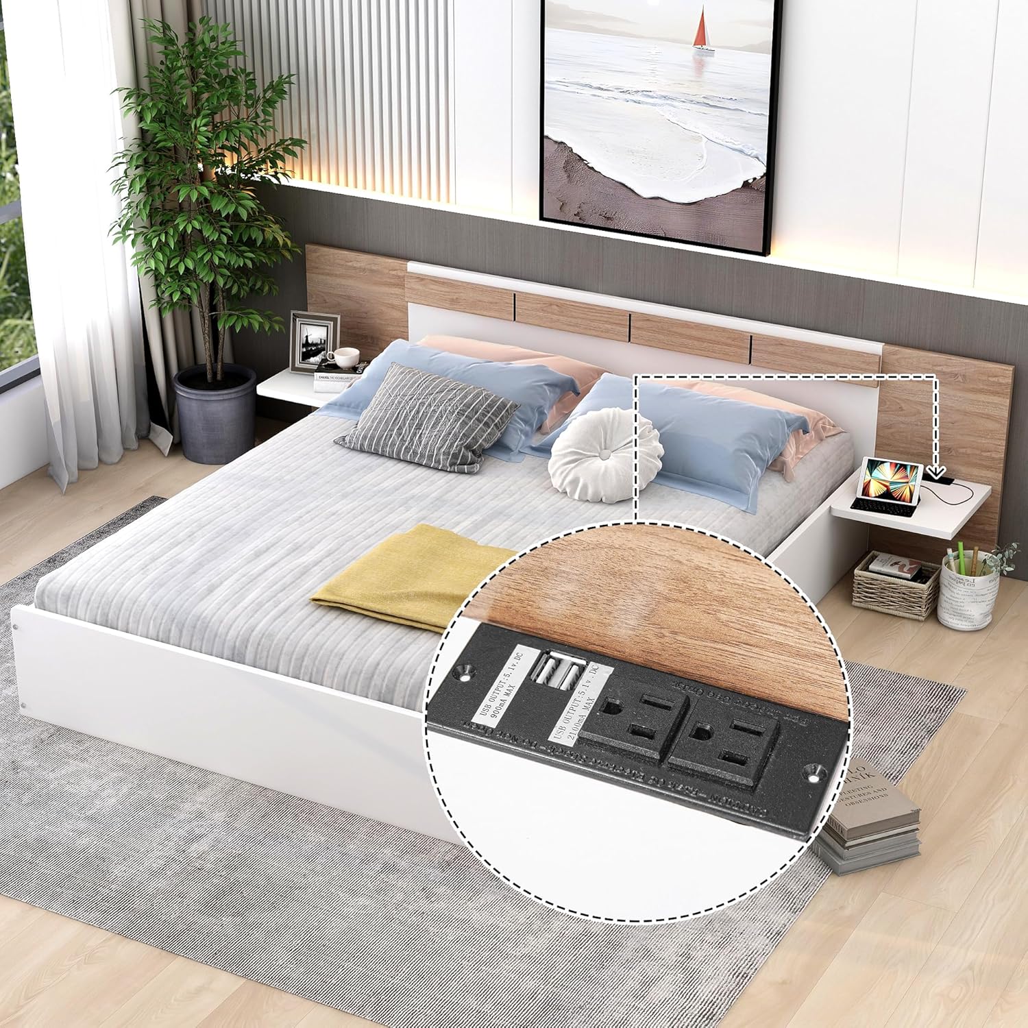 Cama de plataforma tamaño Queen con cabecero, estantes de almacenamiento, puertos USB y enchufes, marco de cama Queen de madera, no necesita somier