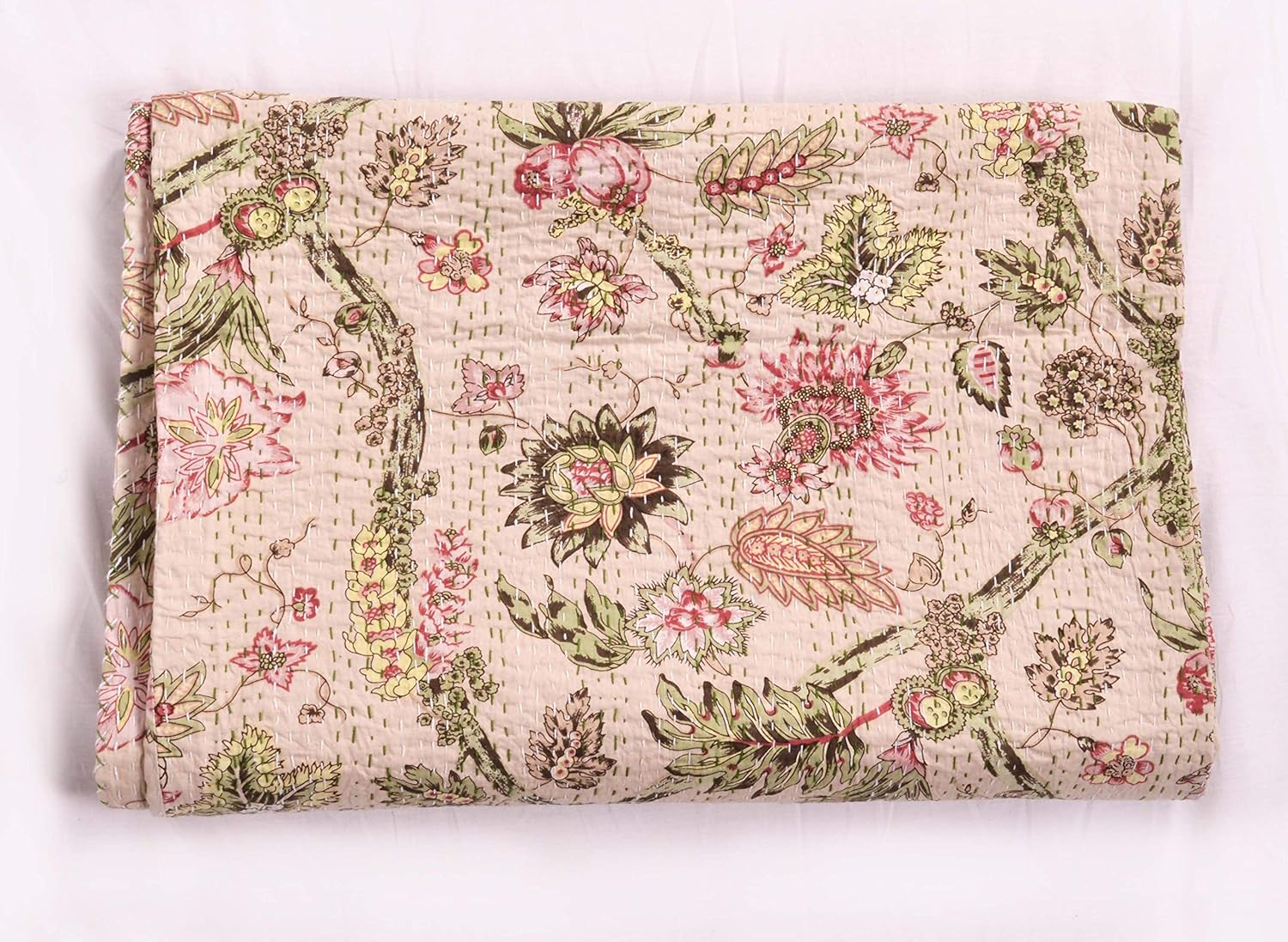 Colcha india Vintage Kantha Colcha Colcha Manta Algodón Floral Estampado Melocotón Claro Hecho A Mano Gudari Individual