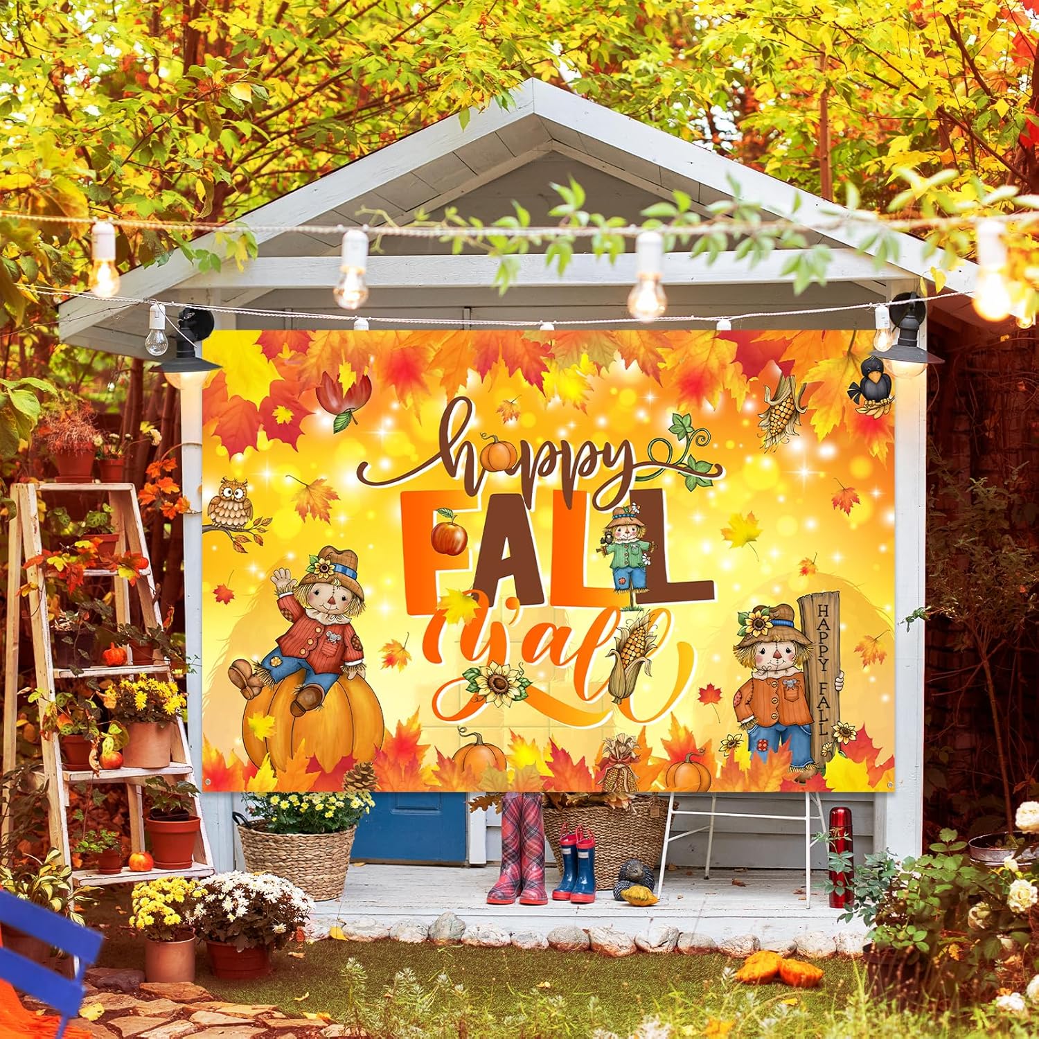 Cartón de fondo con texto en inglés Happy Fall Y’all, decoración de fiesta de Acción de Gracias, hojas de arce, calabaza, fondo de fotos para