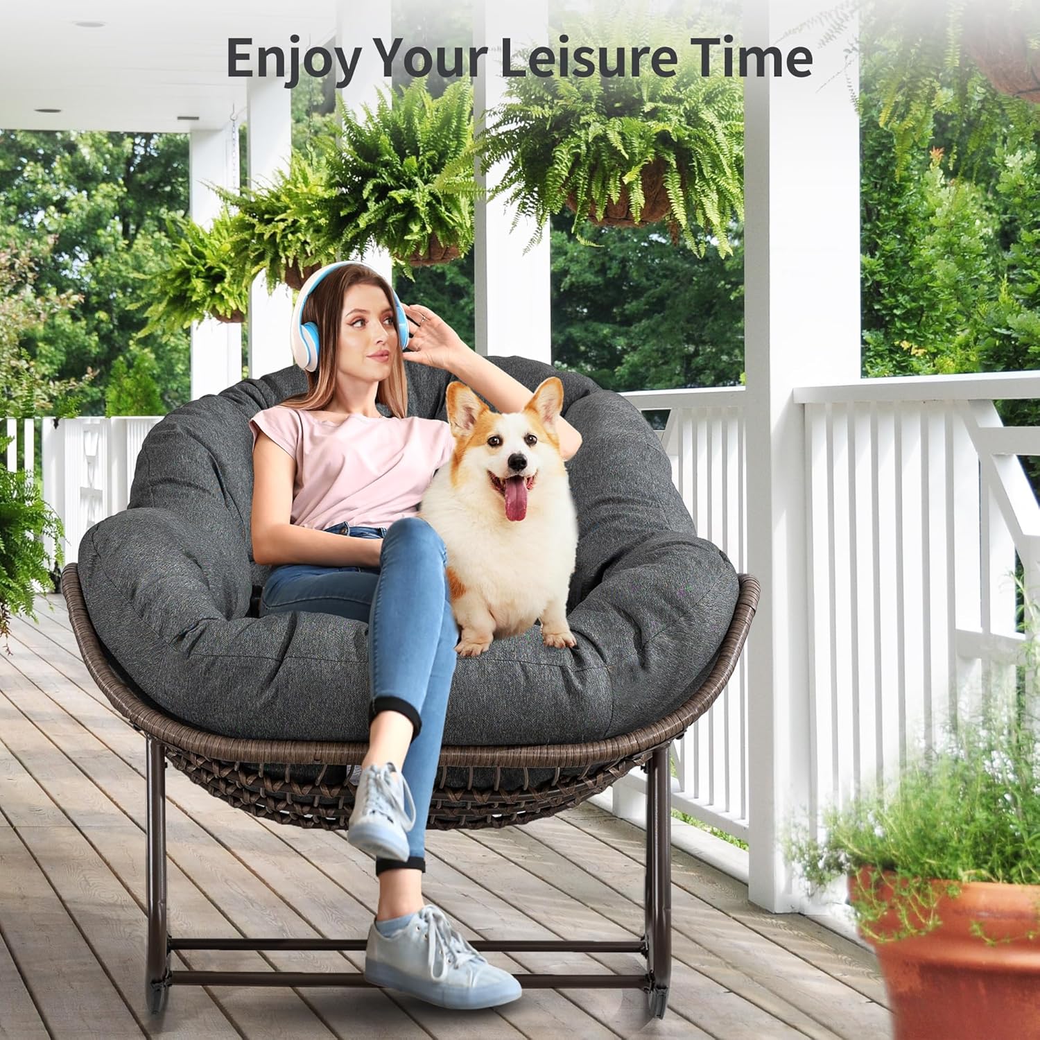HOMEFUN Mecedoras para patio al aire libre, mecedora Papasan de gran tamaño para interiores con cojín acolchado, silla mecedora para porche