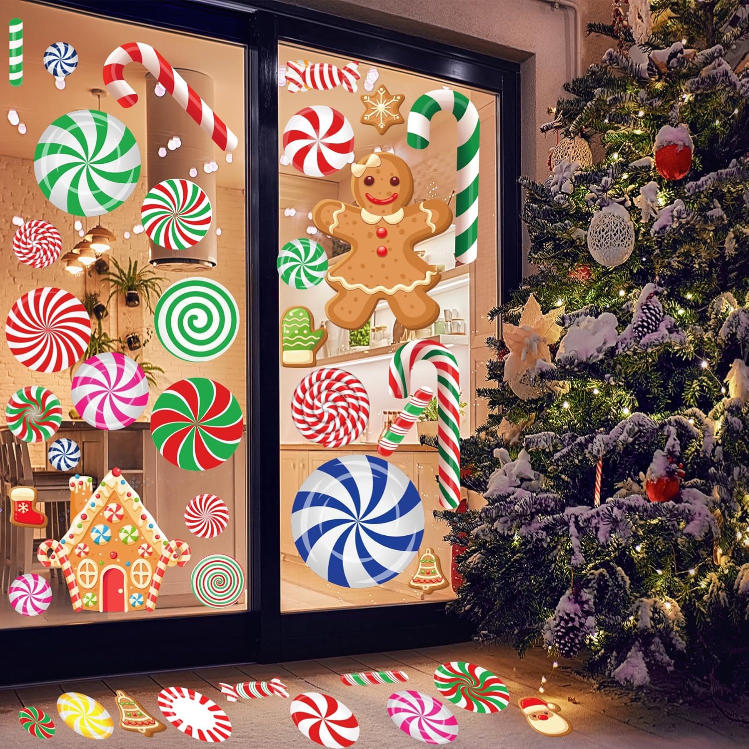 Adhesivos para ventana de bastón de caramelo, 3D, 88 unidades, calcomanías de ventana de menta de doble cara, decoración de ventana de Feliz Navidad
