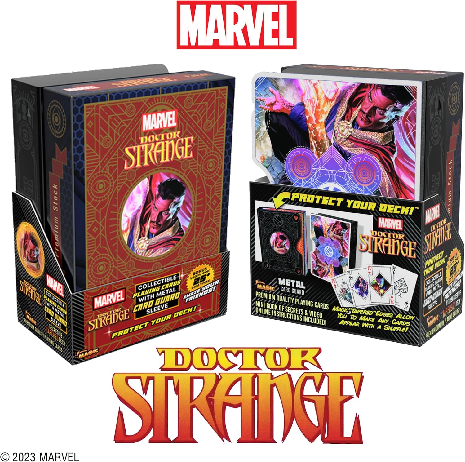 Fantasma Presenta el mazo mágico de cartas coleccionables de Doctor Strange de Marvel, con funda protectora de metal para cartas mágicas.