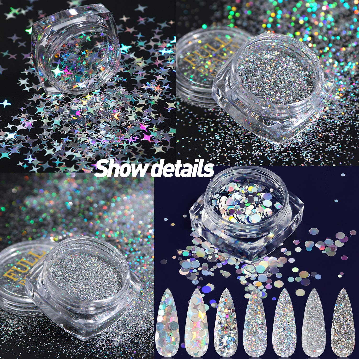 Lentejuelas holográficas con purpurina para uñas, 16 cajas de suministros de arte de uñas, copos 3D, polvo acrílico brillante, polvo plateado,