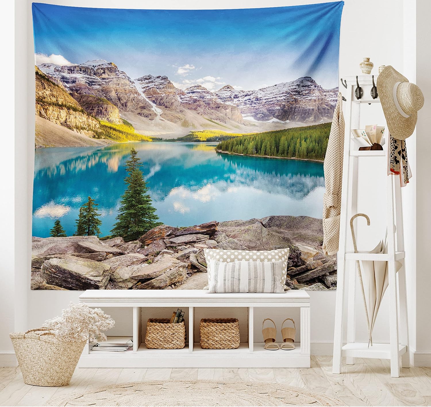 Ambesonne Tapiz de paisaje tamaño King, paisaje de lago y montaña con impresión de roca y cielo de la vida de ensueño, colcha colgante de pared,