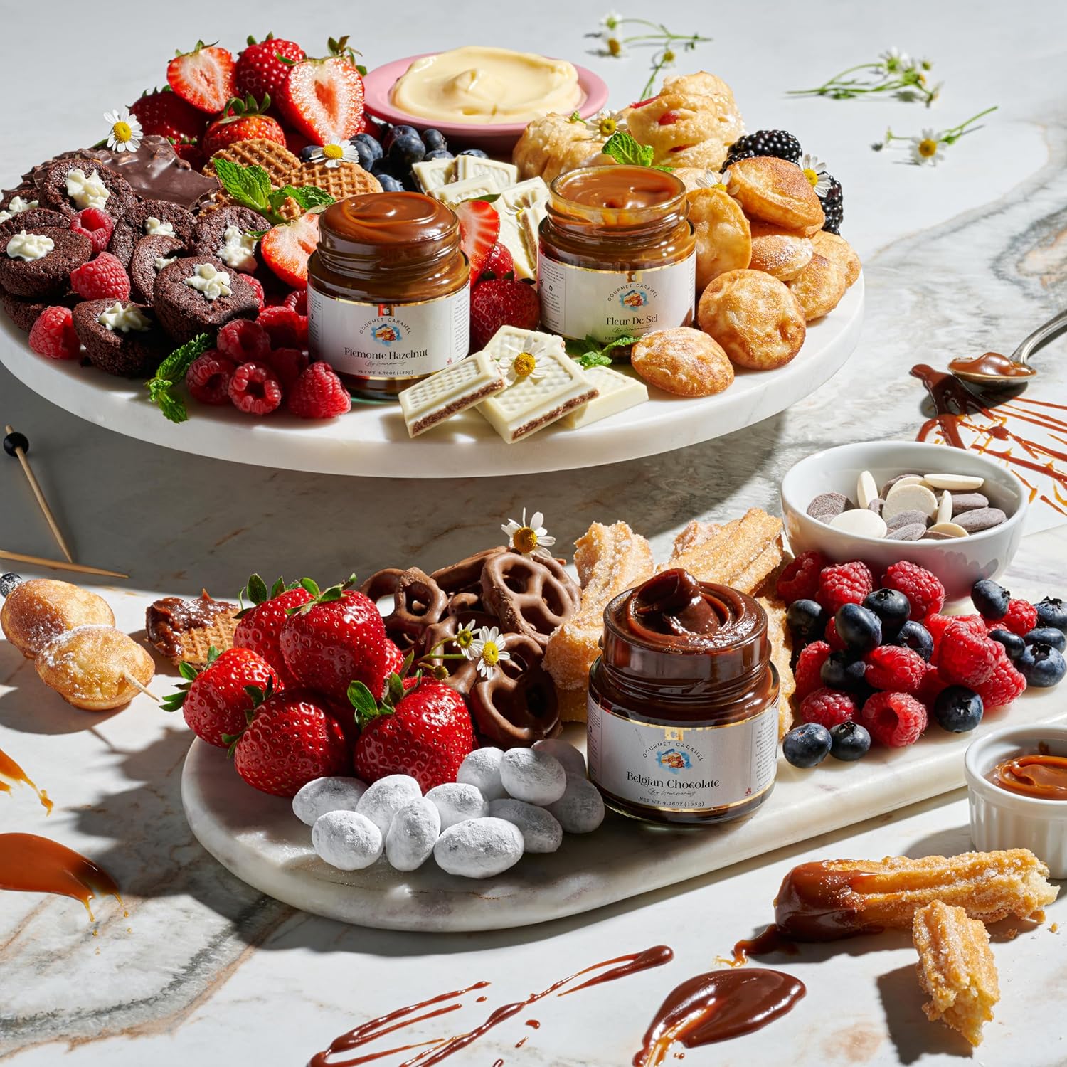 Gourmanity Juego de regalo de salsa de caramelo, auténtico caramelo salado, caramelo de avellana y chocolate belga, ingredientes para pasteles y